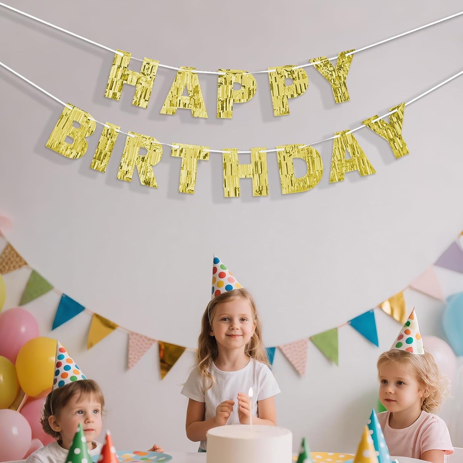 Gold Happy Birthday Banner - 9ft Pre-Strung Foil Garland
