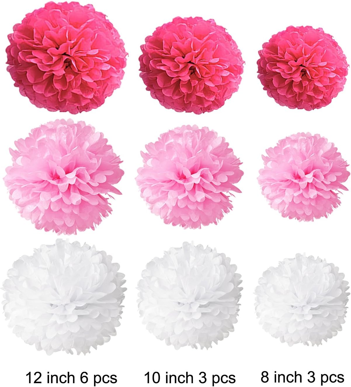 Wartoon Tissue Paper Pom Poms Flowers Set 12 Pieces Hot Pink Pink White