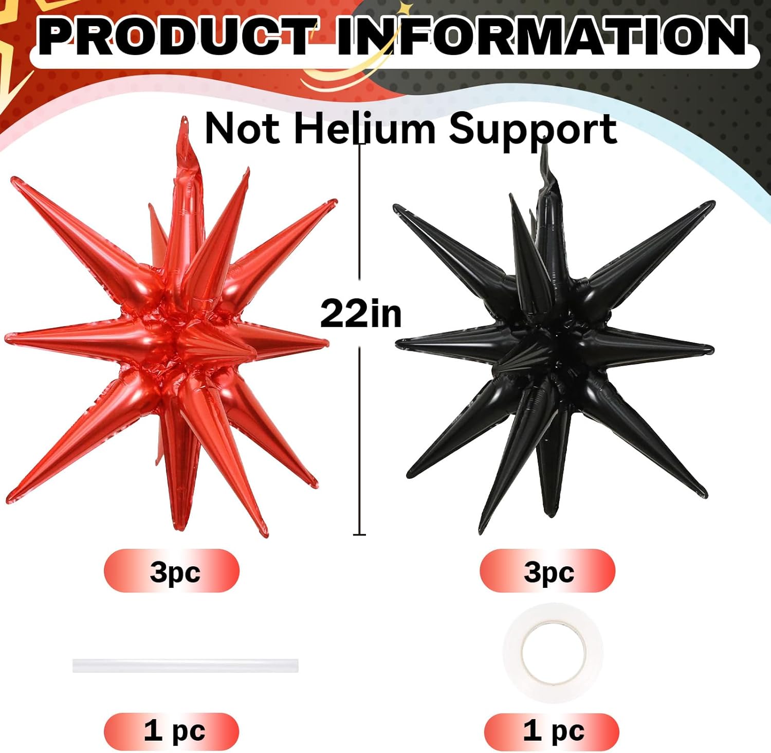 6PCS Black Red Star Balloons for Party Decor