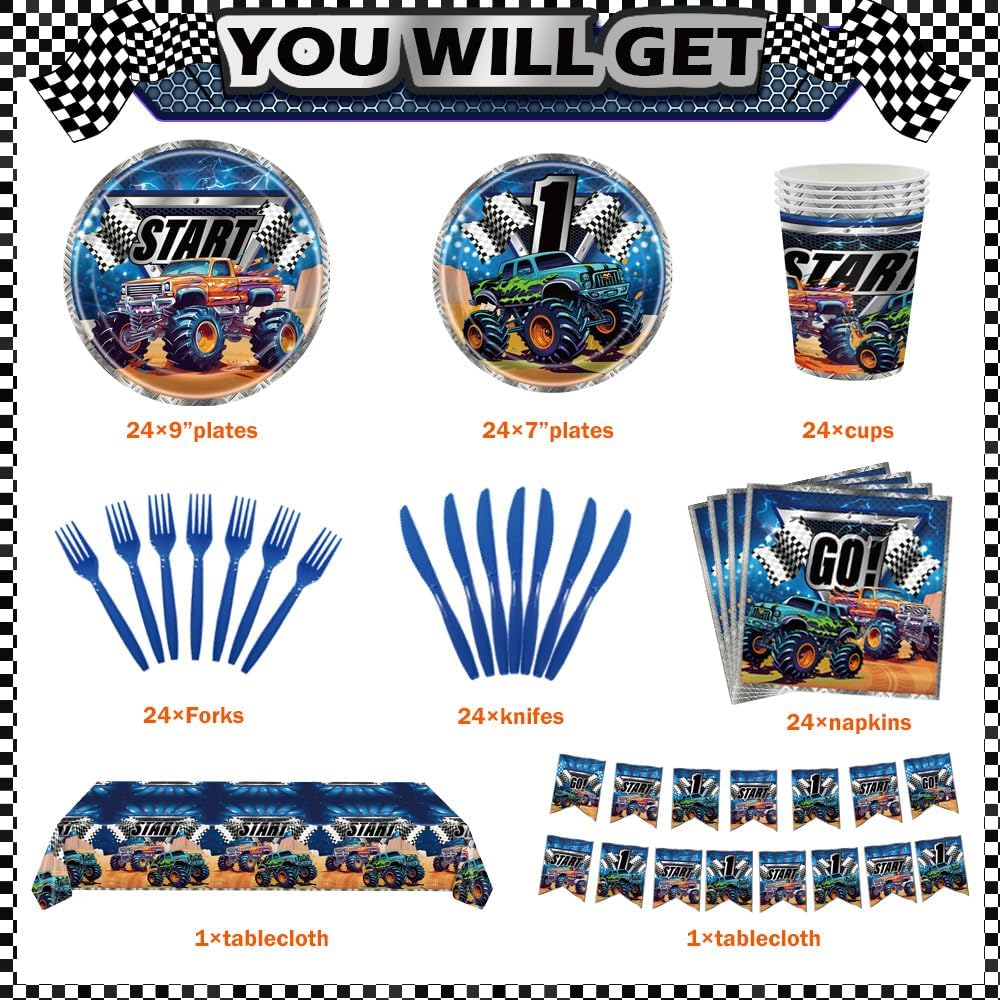 Monster Truck Birthday Party Decorations Set for 24 Guests