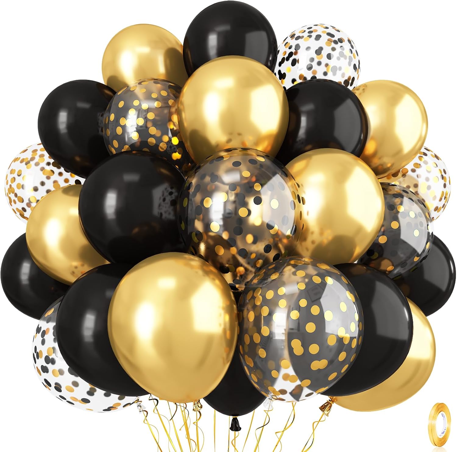 Black and Gold Confetti Balloons 12 Inch Set