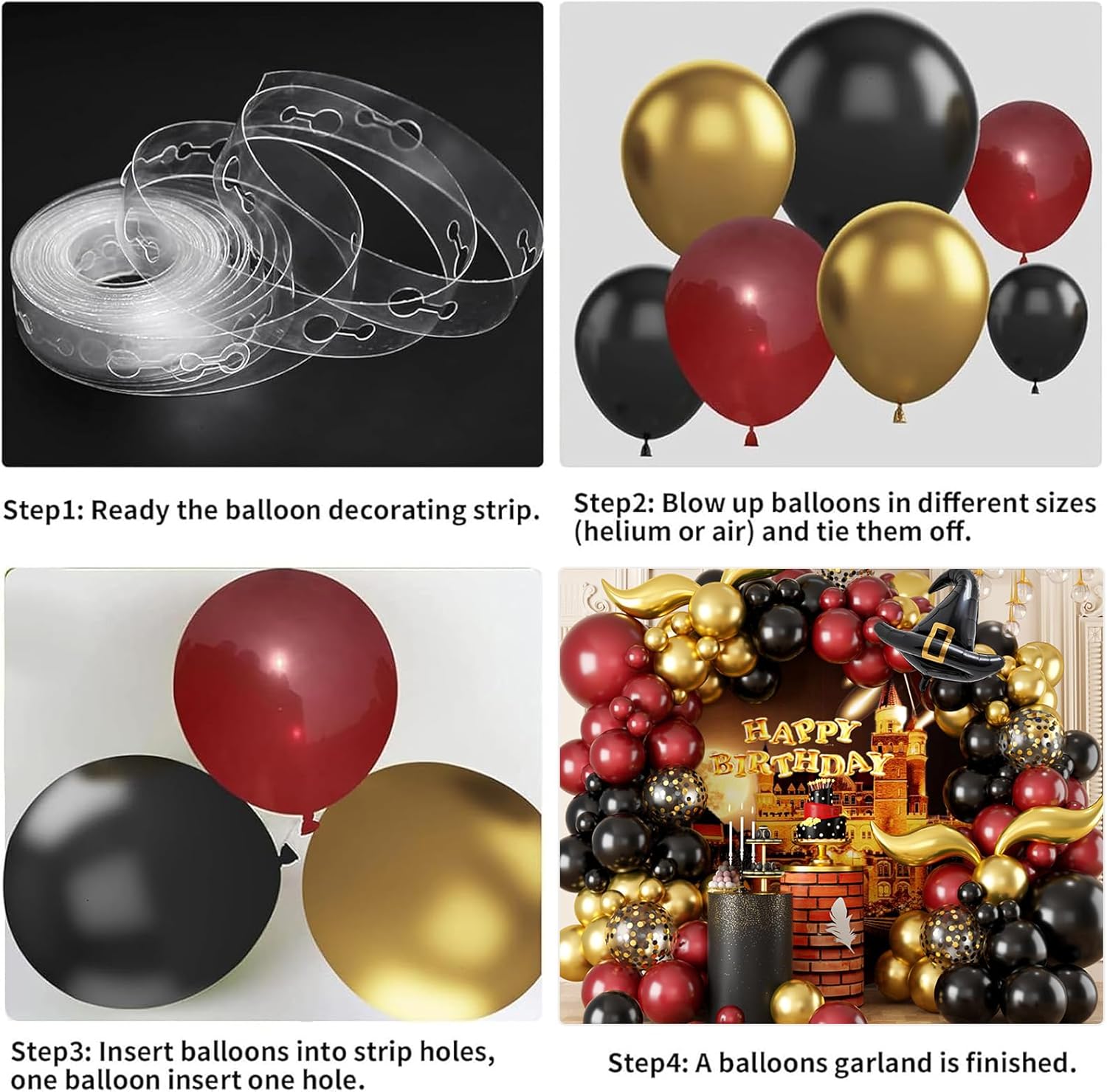 Burgundy Black Gold Balloon Arch Kit with DIY Hat and Wings
