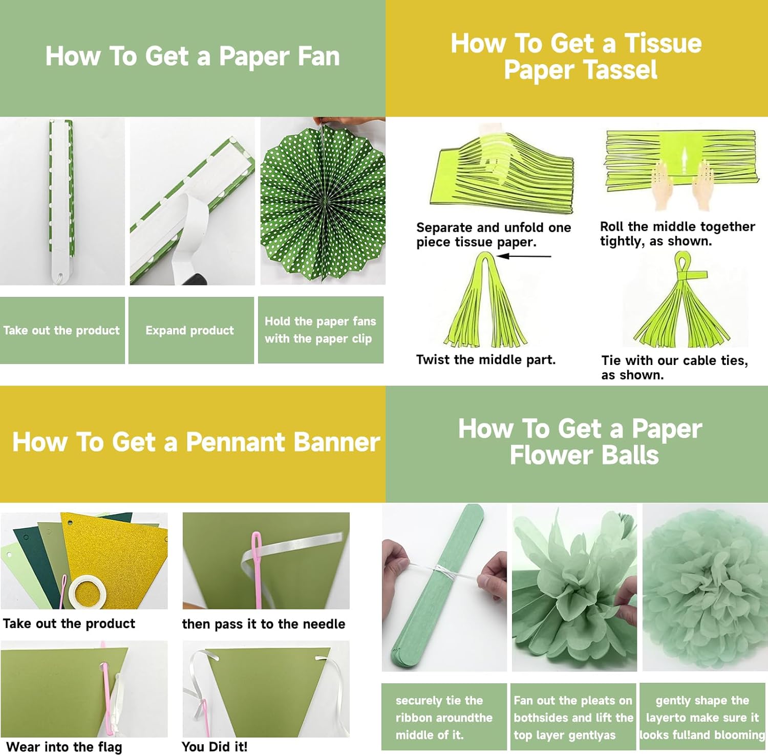 MEIWUTIE Green Gold Paper Fan Decorations Set