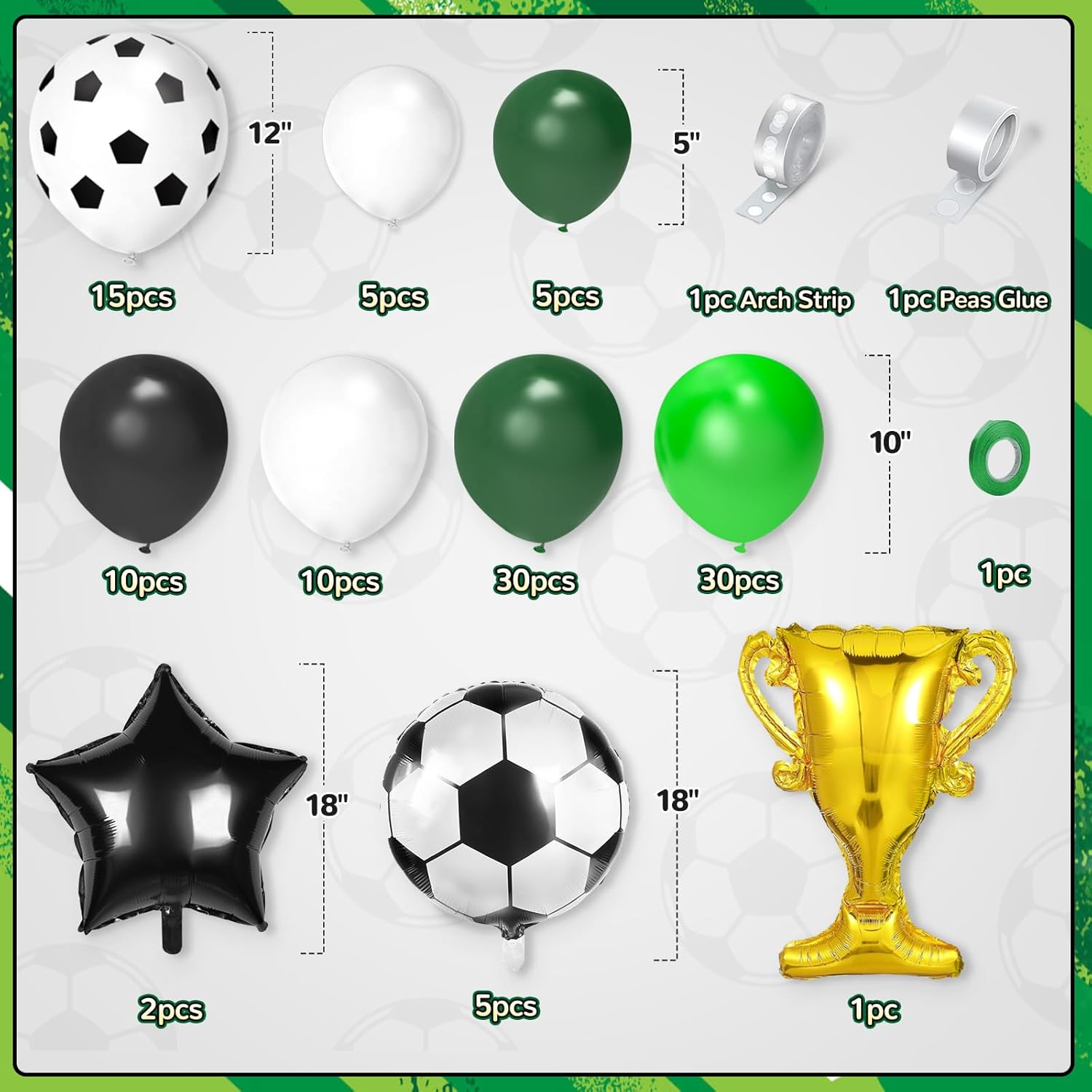 Soccer Party Decor Kit 113Pcs Green White Black Balloons