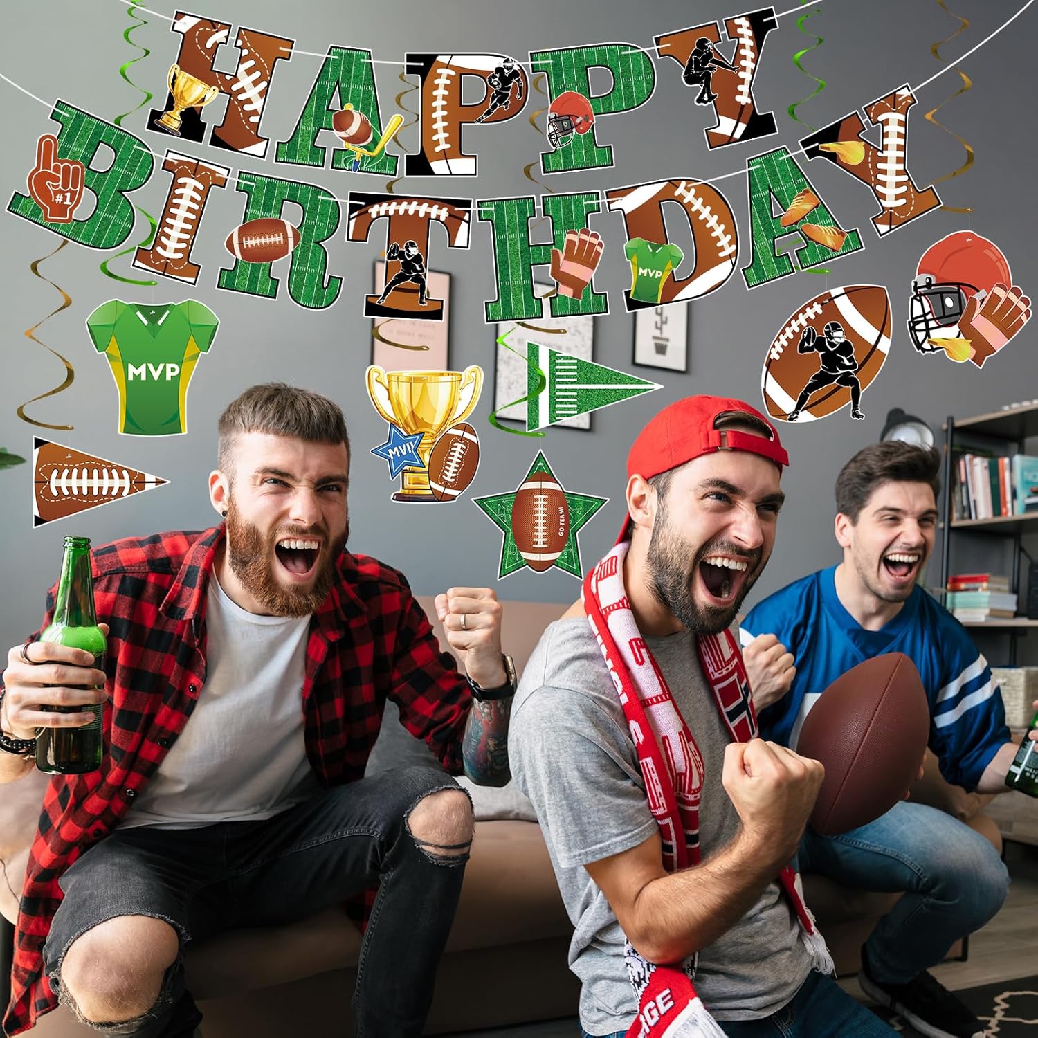 Hooqict Football Birthday Banner with 15 Hanging Swirls