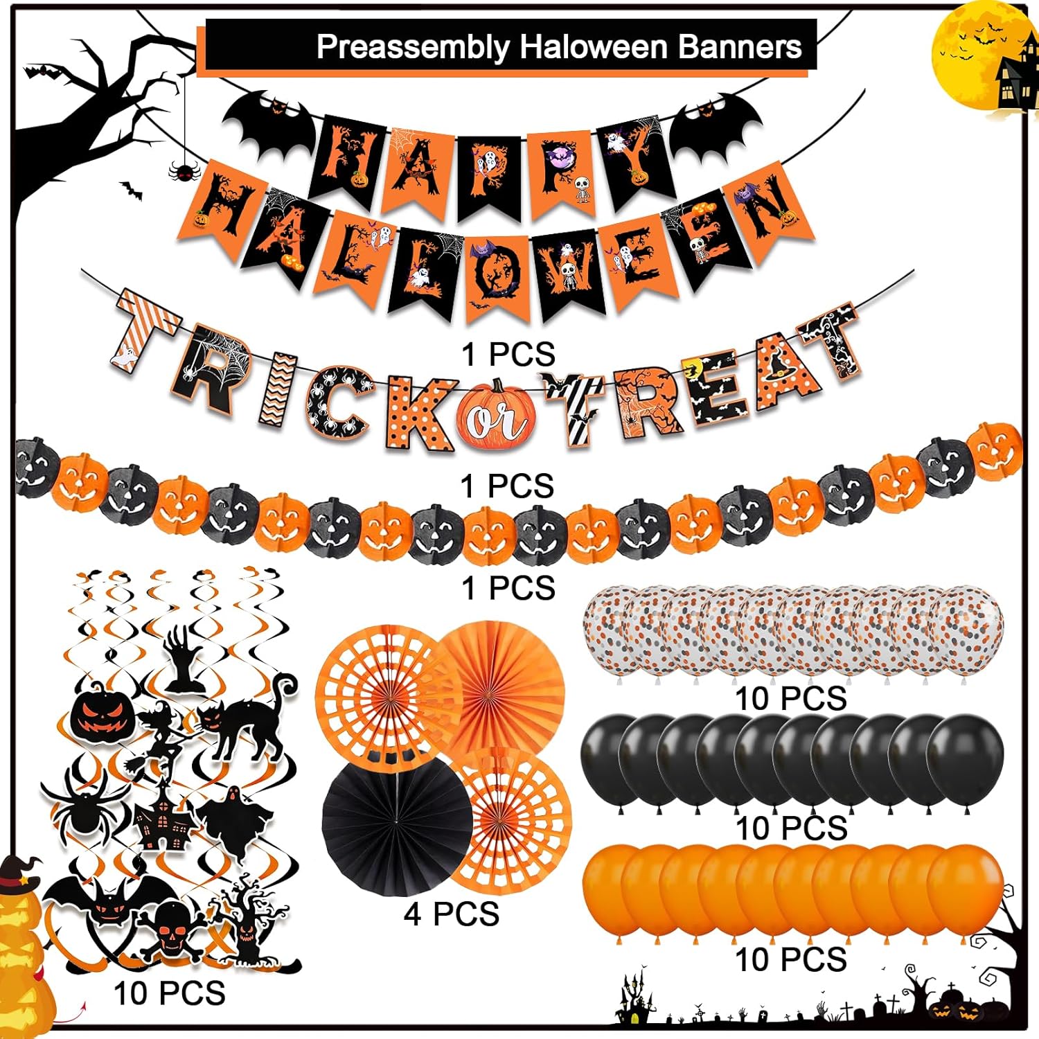 FECEDY Happy Halloween Decorations Banner Fan Balloons Streamers