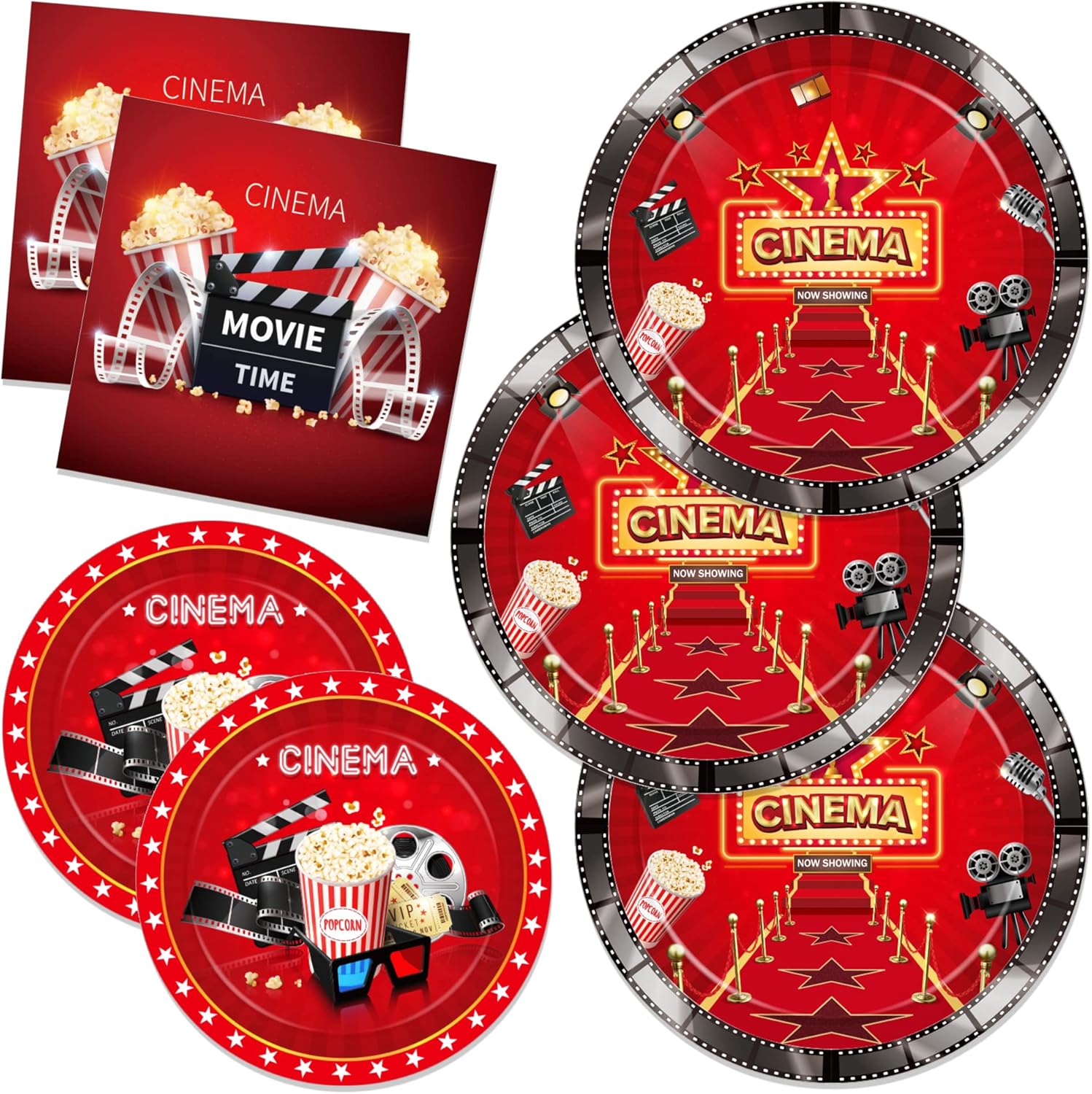 Movie Night Themed 24-Person Paper Plates Napkins Set