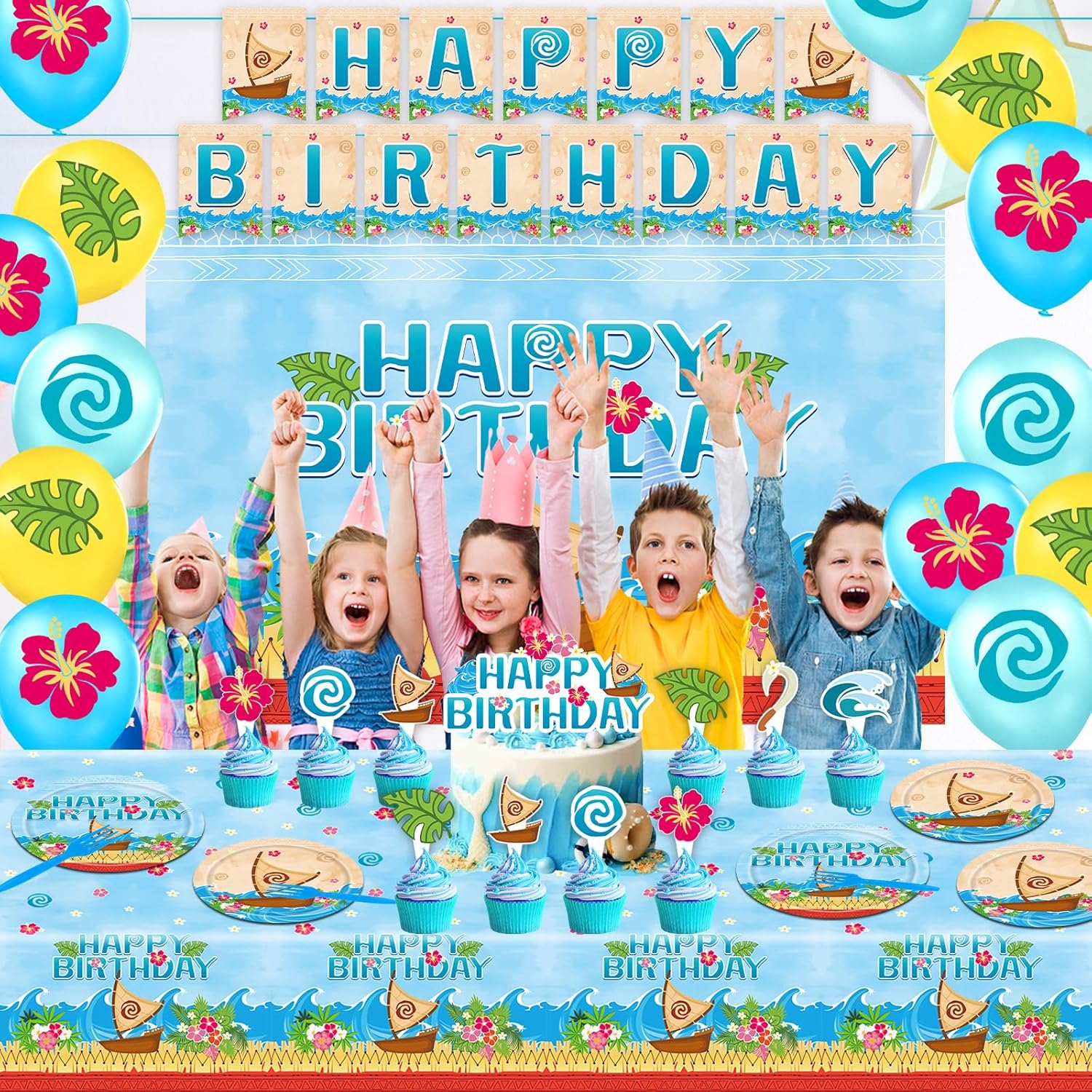Tropical Hawaiian Birthday Party Tableware Set with Balloons and Decorations