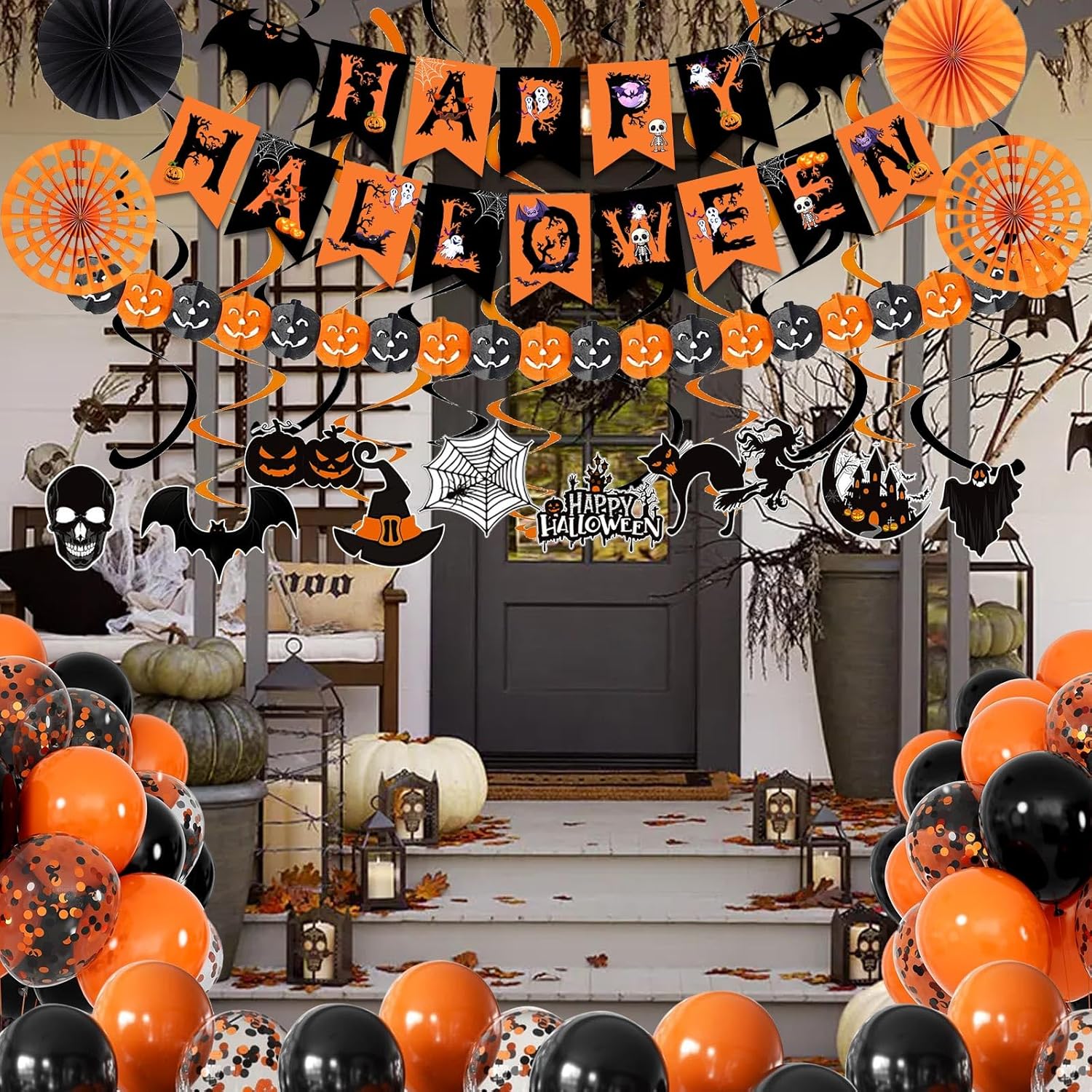 FECEDY Happy Halloween Decorations Banner Fan Balloons Streamers