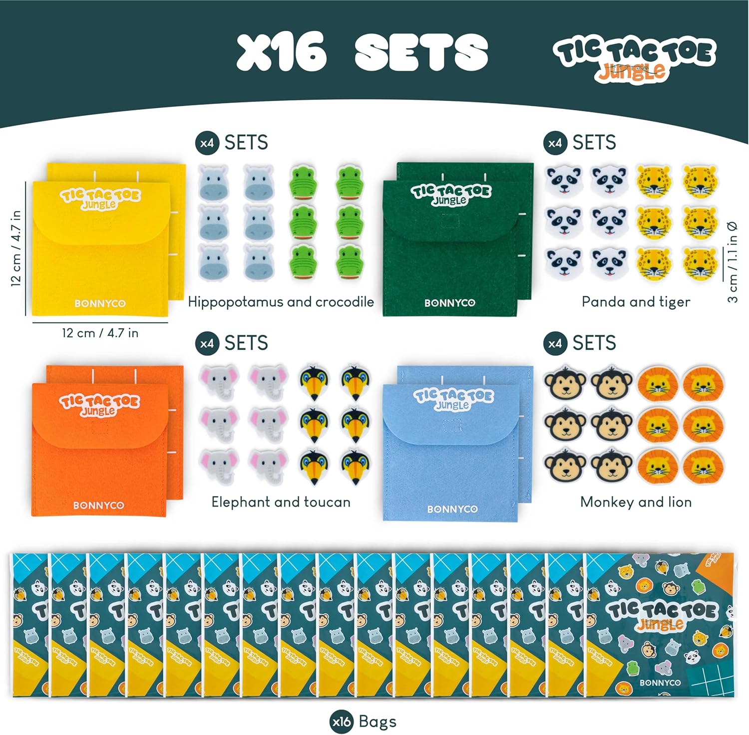 BONNYCO Tic Tac Toe Game Pack 16 Jungle Animals Kids Party Favors
