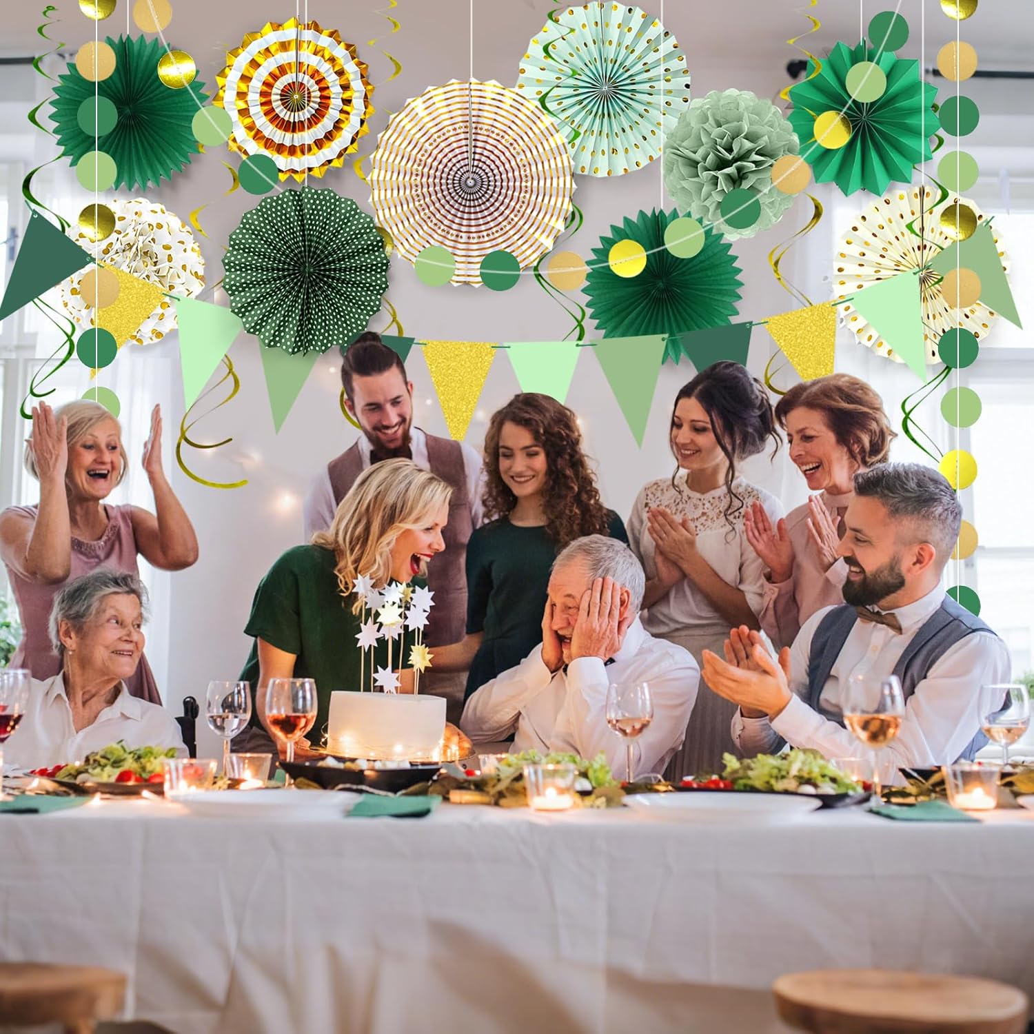 MEIWUTIE Green Gold Paper Fan Decorations Set