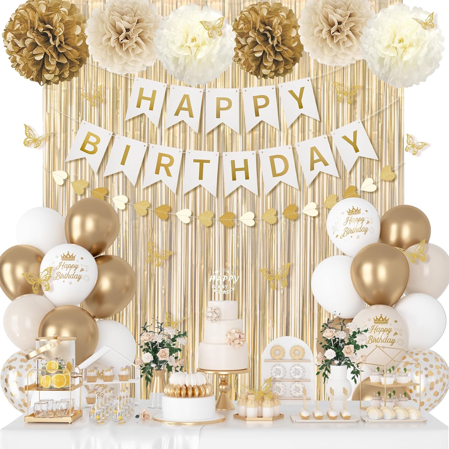 Ouddy Party White and Gold Birthday Decorations
