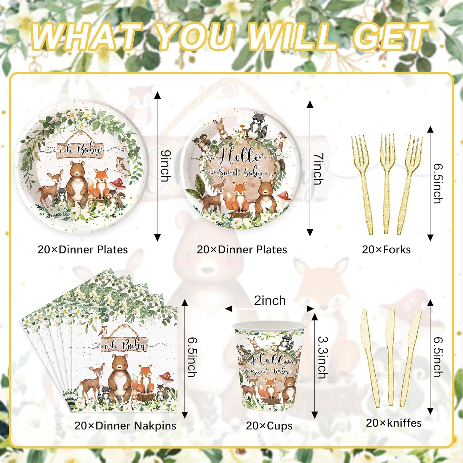 Safari Woodland Animal 120PCS Baby Shower Tableware Set