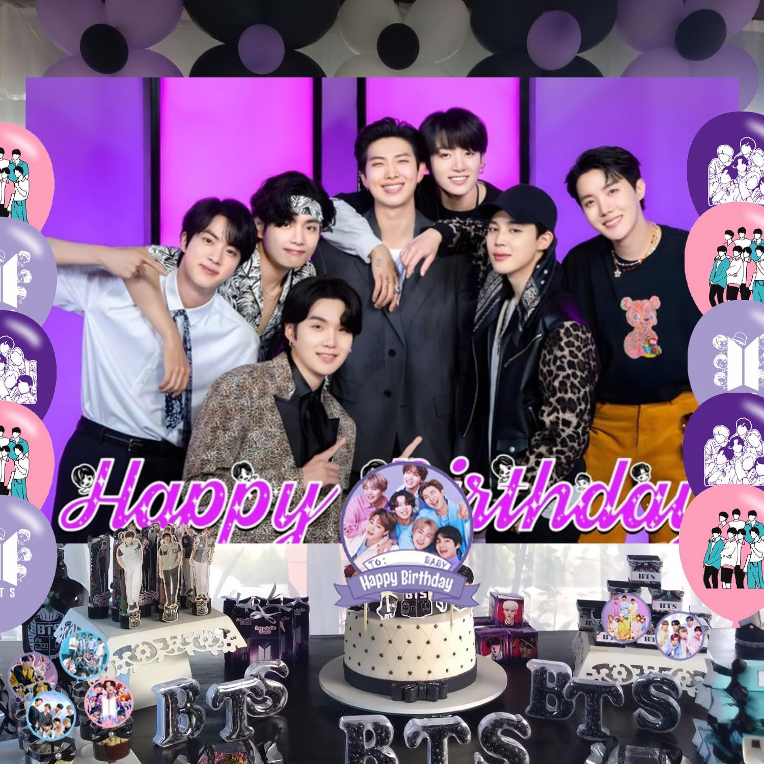 OUDINI Bangtan Boys Birthday Backdrop with Balloons and Party Decor