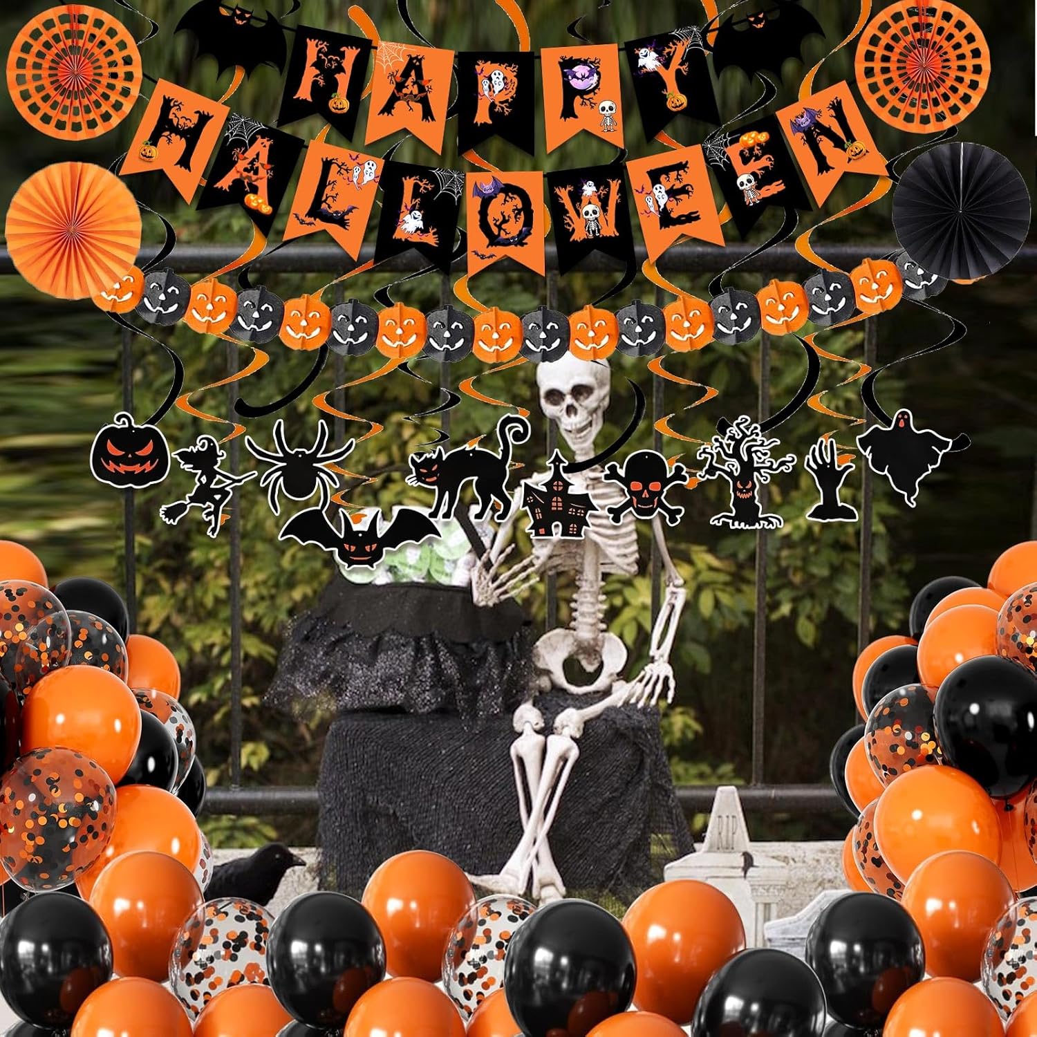FECEDY Happy Halloween Decorations Banner Fan Balloons Streamers