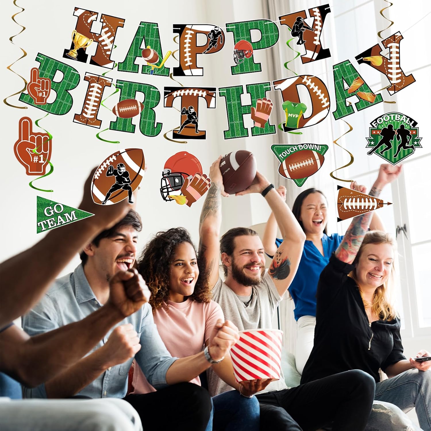 Hooqict Football Birthday Banner with 15 Hanging Swirls