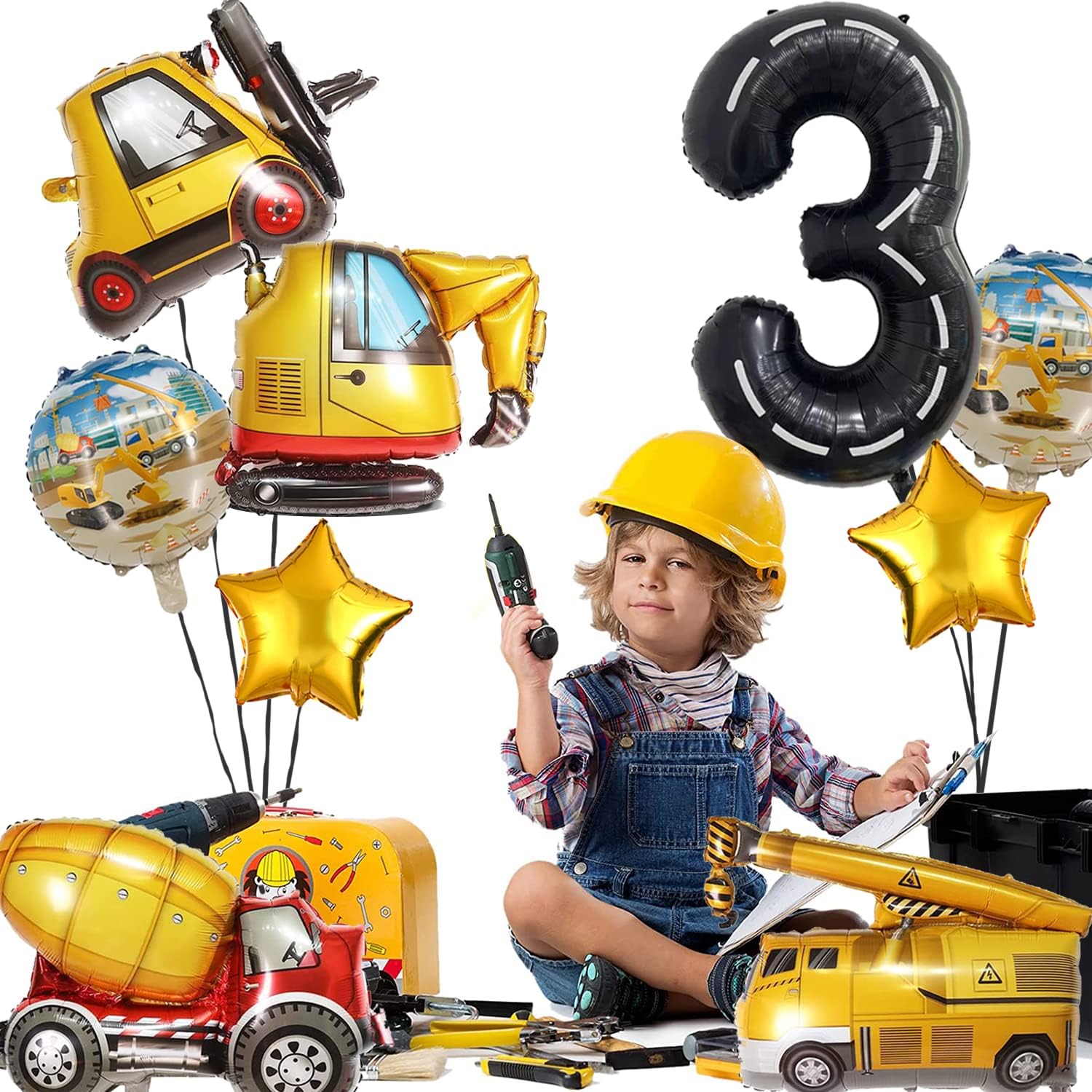 Construction Truck Balloons for 3rd Birthday Party Decorations