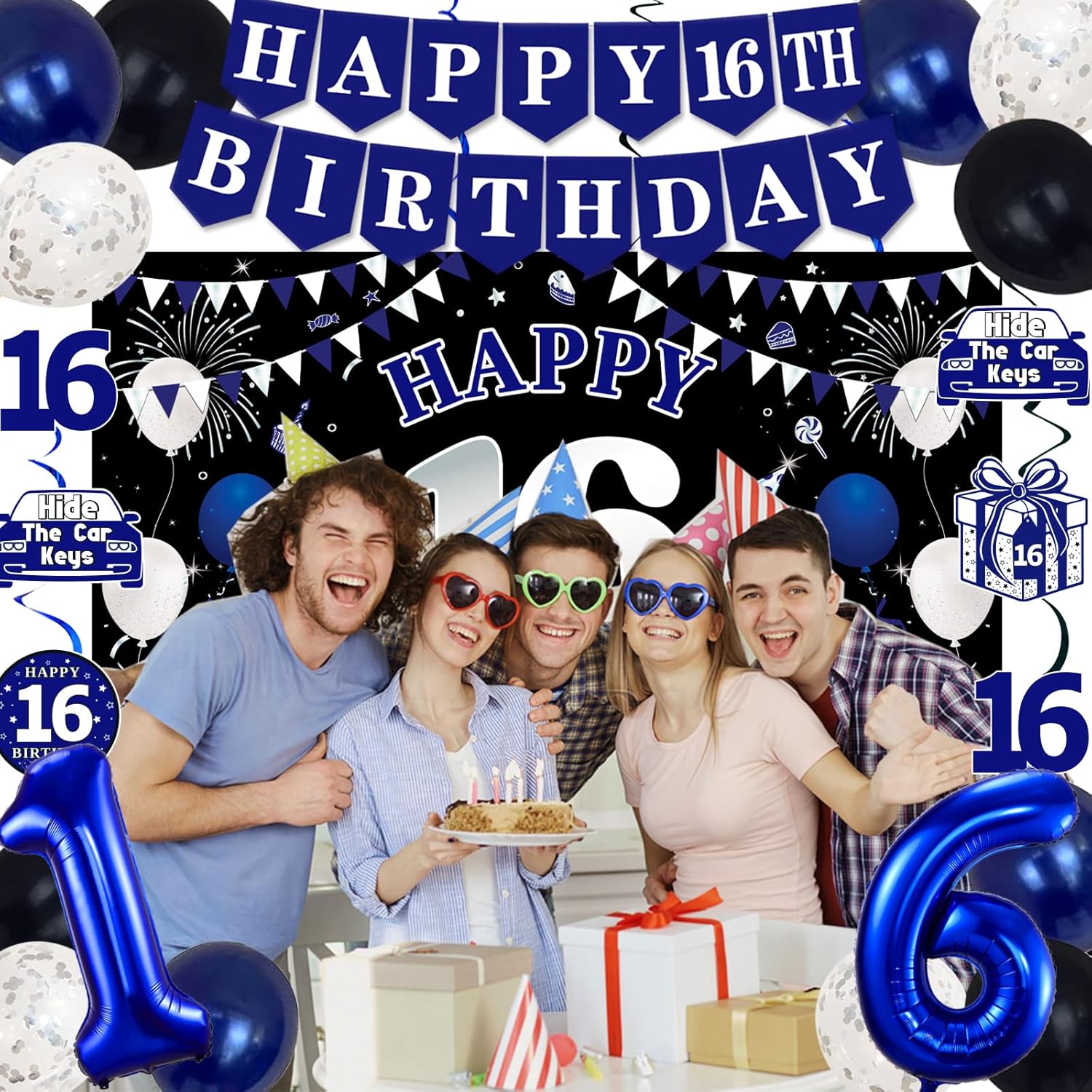 16th Birthday Decorations Blue Black Party Supplies