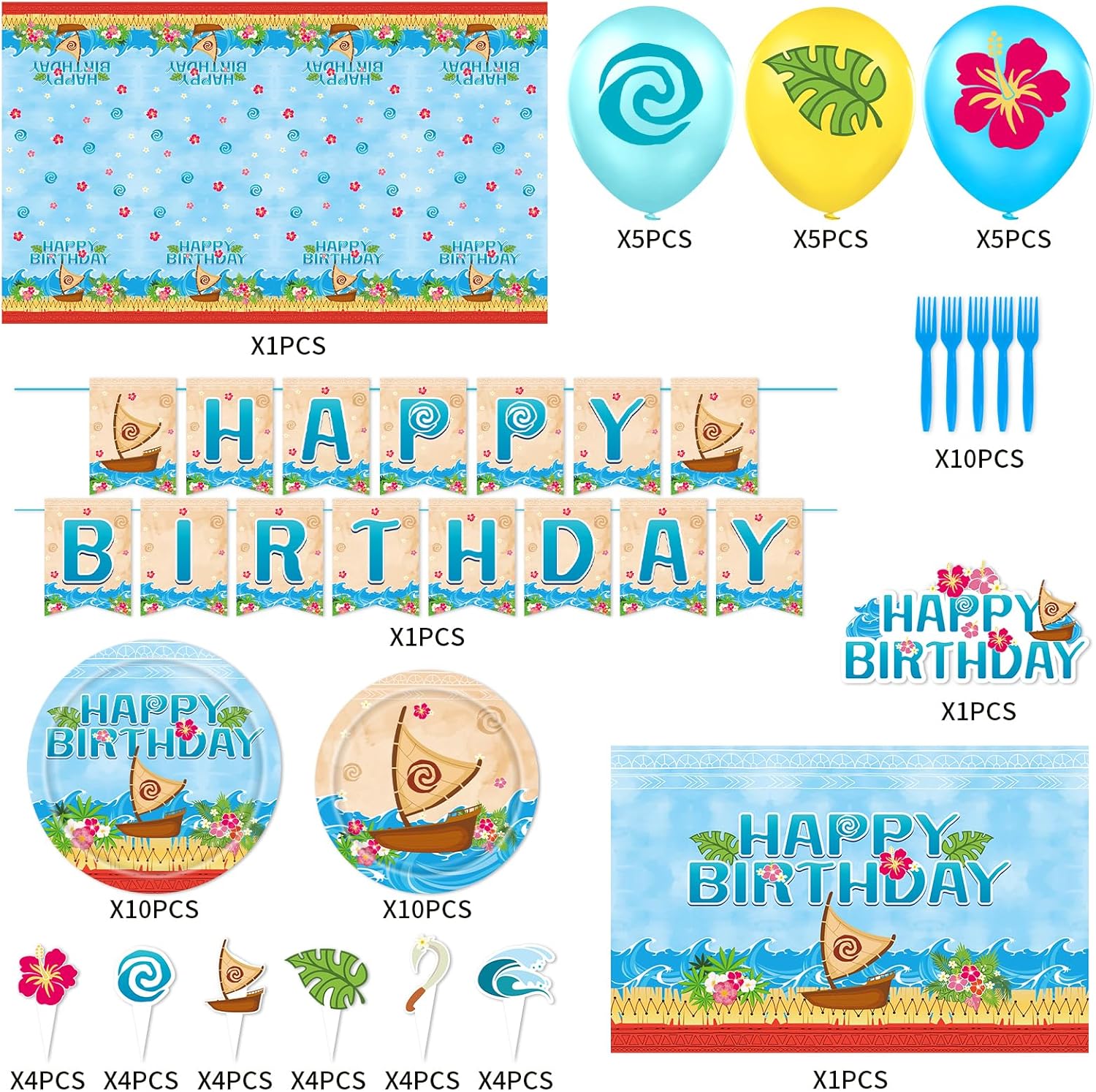 Tropical Hawaiian Birthday Party Tableware Set with Balloons and Decorations