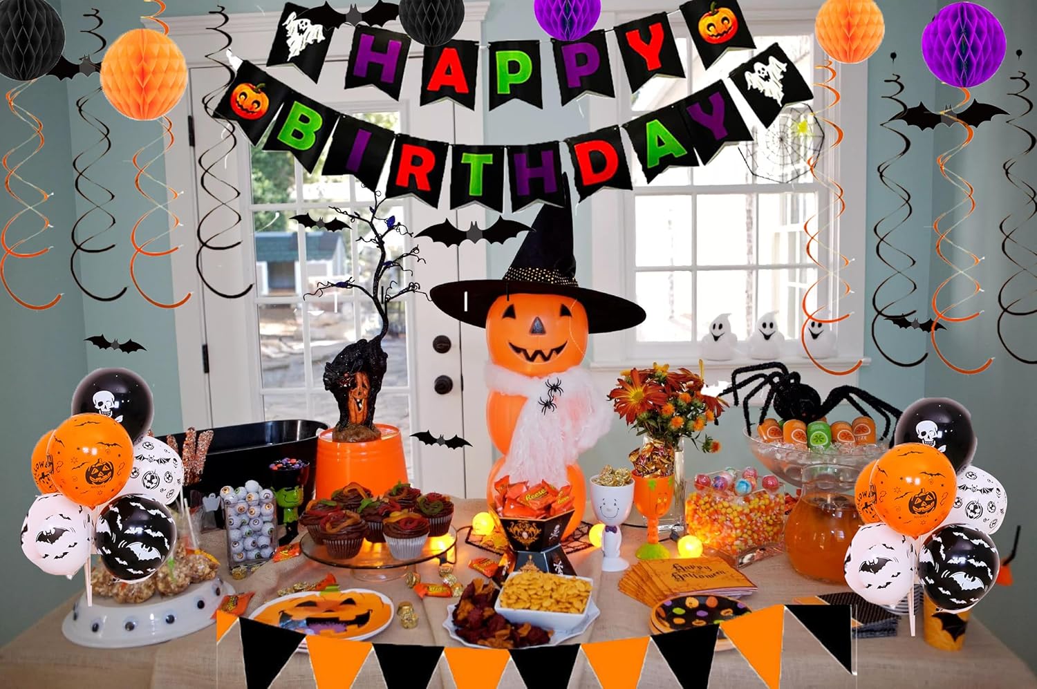 Halloween Birthday Decorations Set with Banners and Balloons