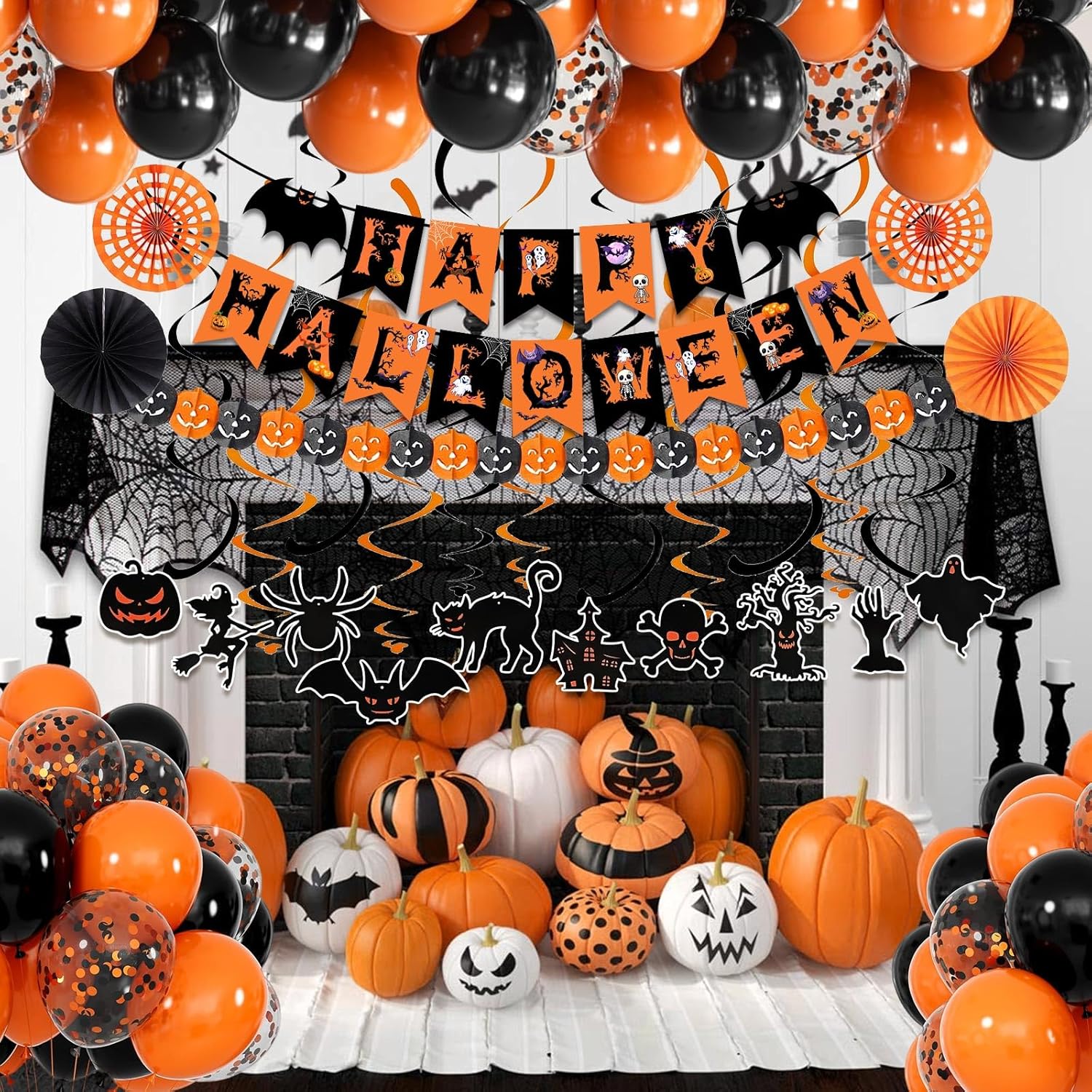 FECEDY Happy Halloween Decorations Banner Fan Balloons Streamers