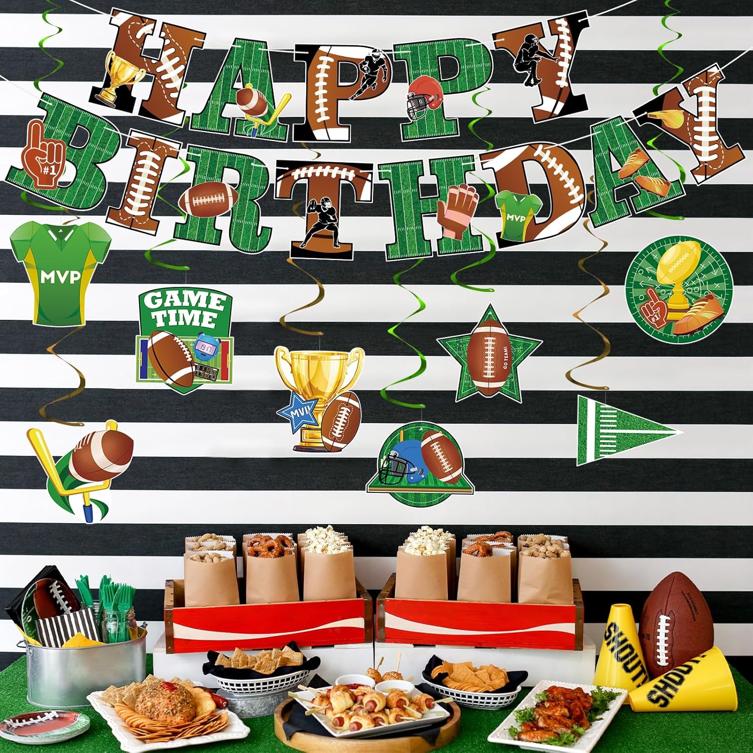 Hooqict Football Birthday Banner with 15 Hanging Swirls