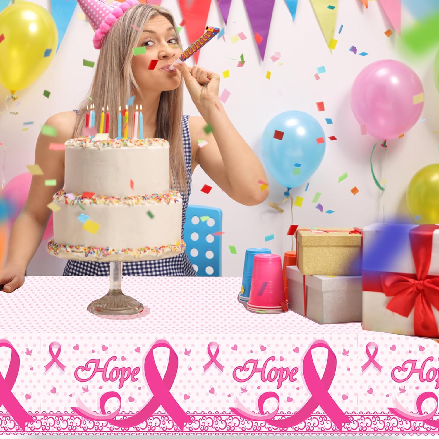 3PCS Breast Cancer Tablecloth Rectangular Plastic Covers Pink Ribbon Decorations