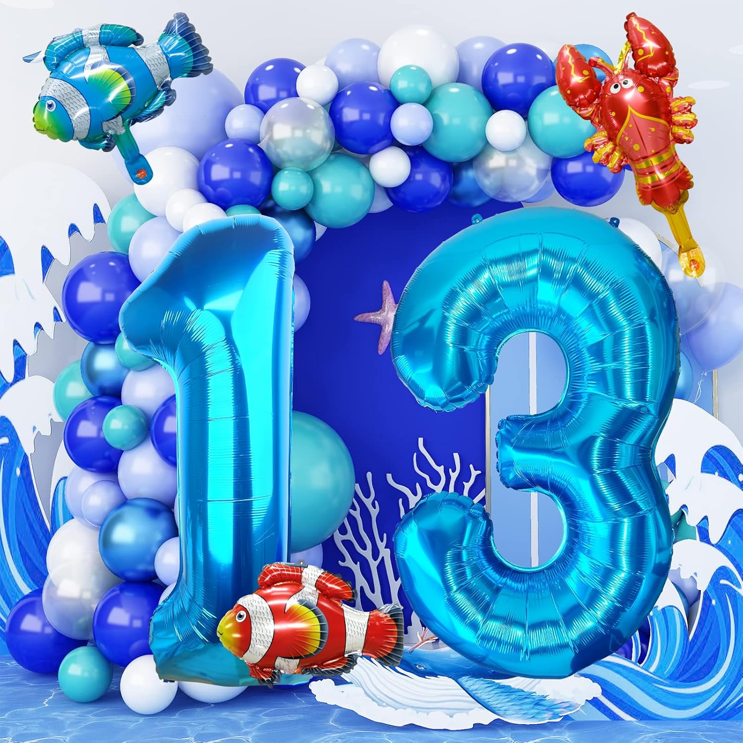 40 Inch Blue Number 1 Balloon with Sea Animal Decor