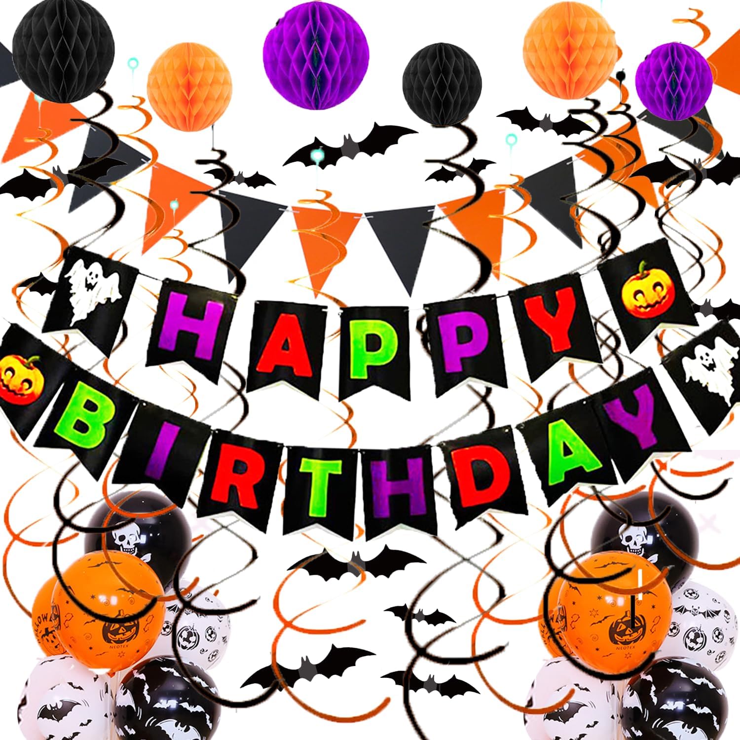 Halloween Birthday Decorations Set with Banners and Balloons