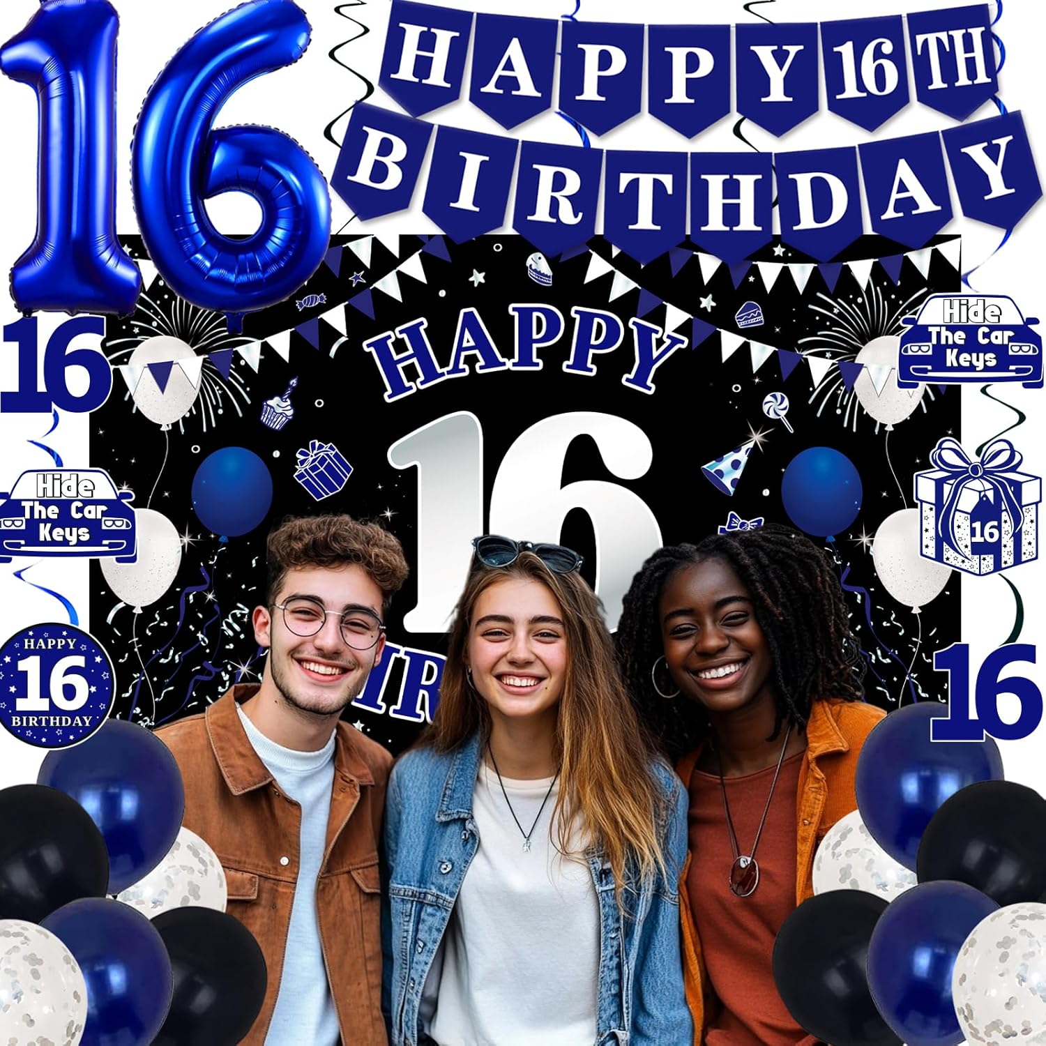 16th Birthday Decorations Blue Black Party Supplies