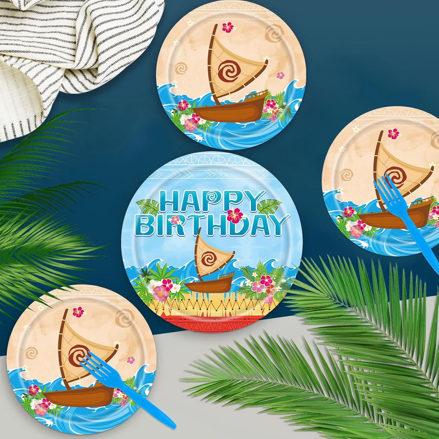 Tropical Hawaiian Birthday Party Tableware Set with Balloons and Decorations
