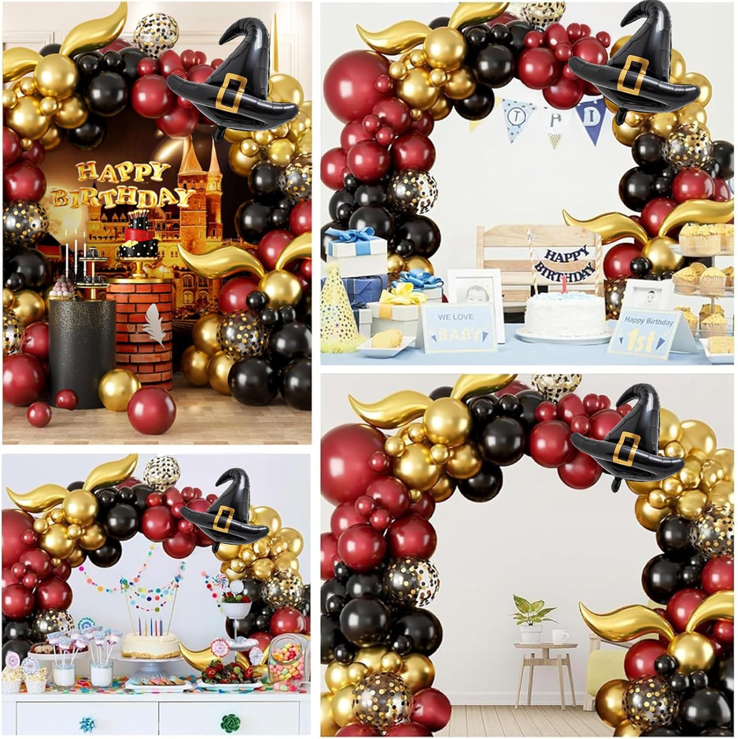 Burgundy Black Gold Balloon Arch Kit with DIY Hat and Wings