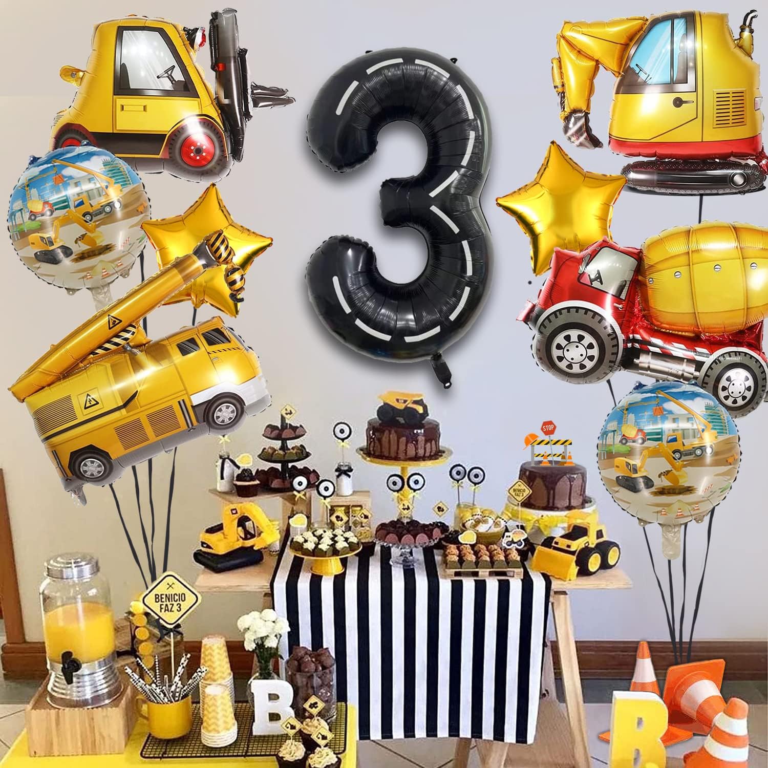 Construction Truck Balloons for 3rd Birthday Party Decorations