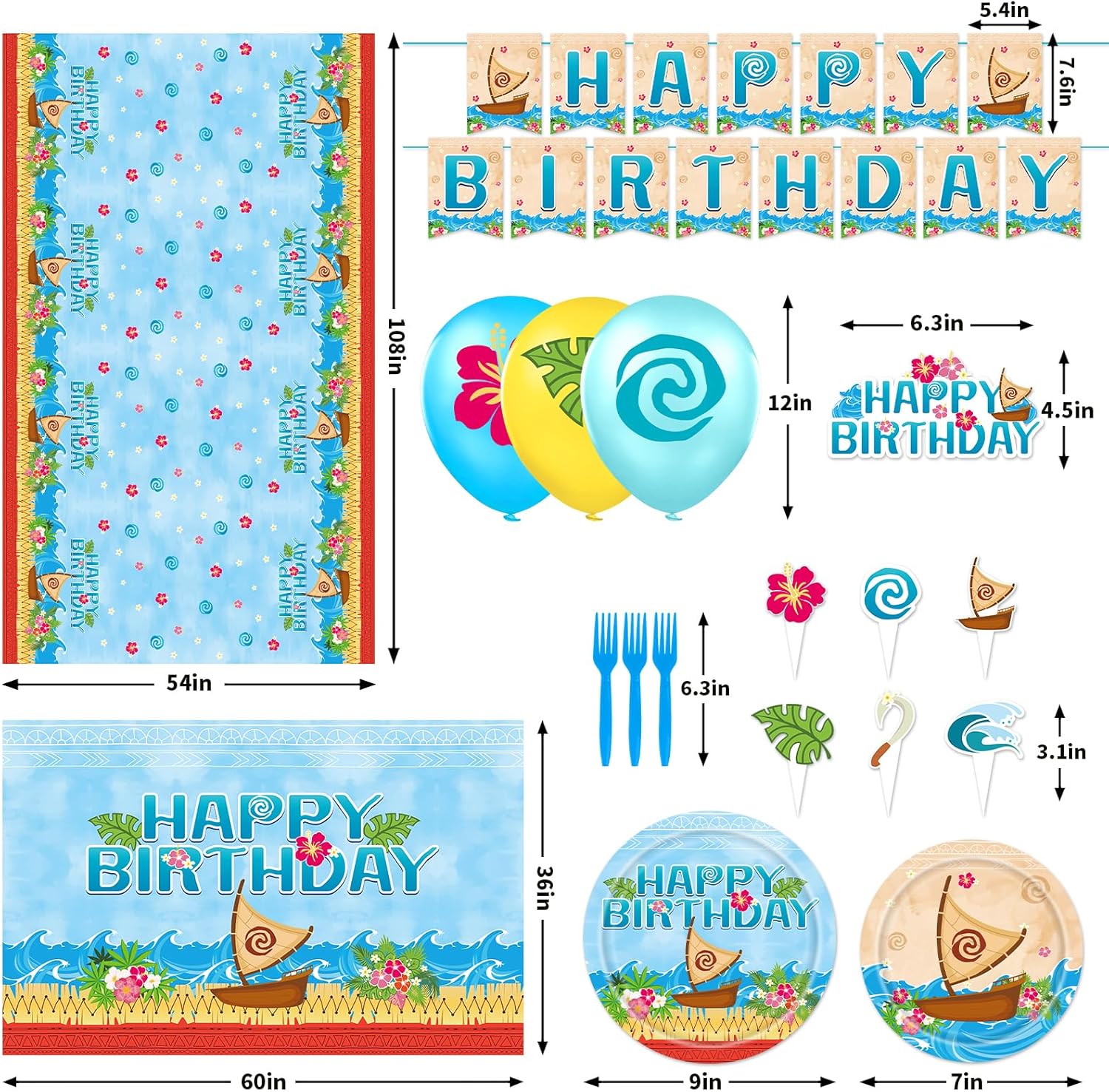 Tropical Hawaiian Birthday Party Tableware Set with Balloons and Decorations