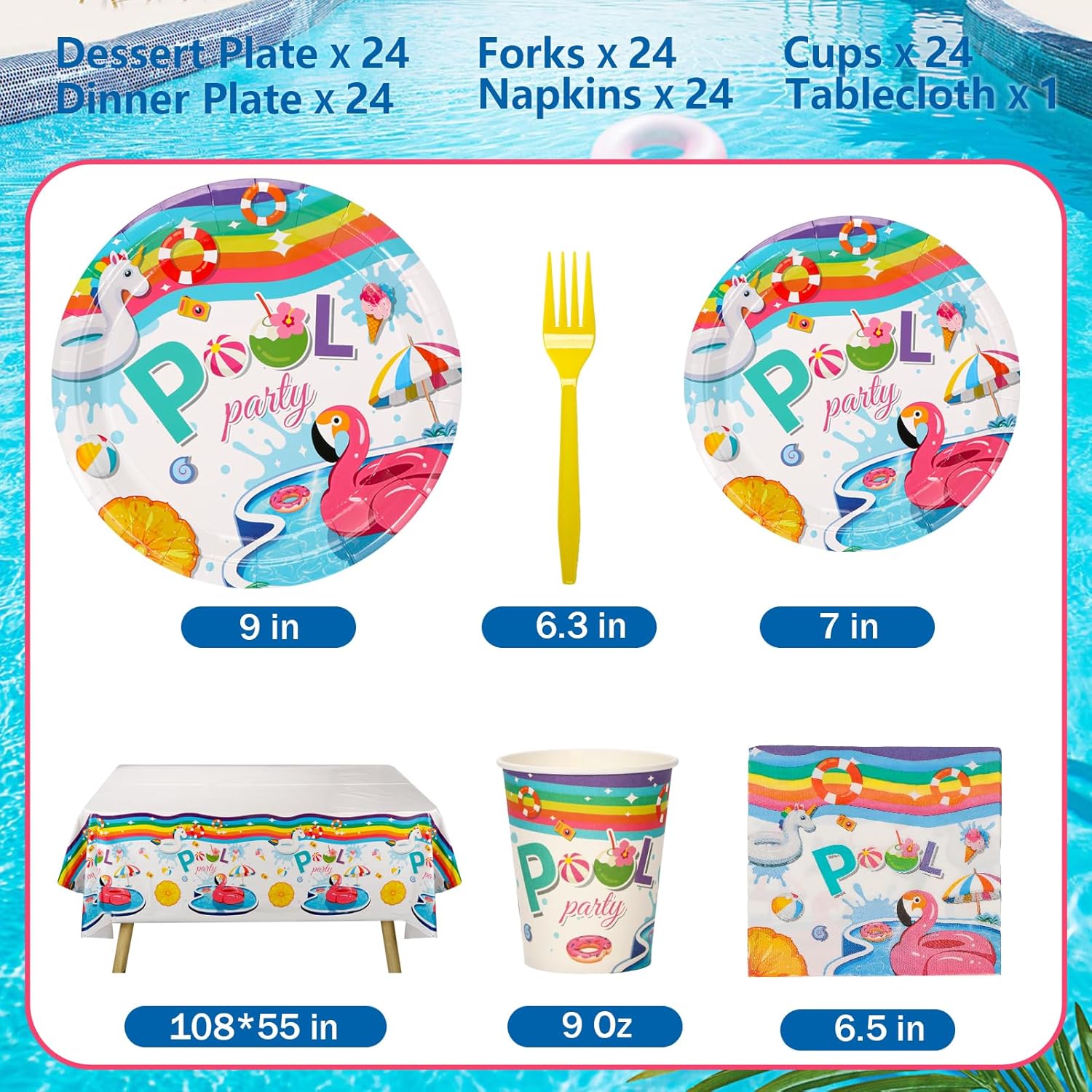 Atonofun Pool Birthday Party Tableware Set 24Pcs Blue