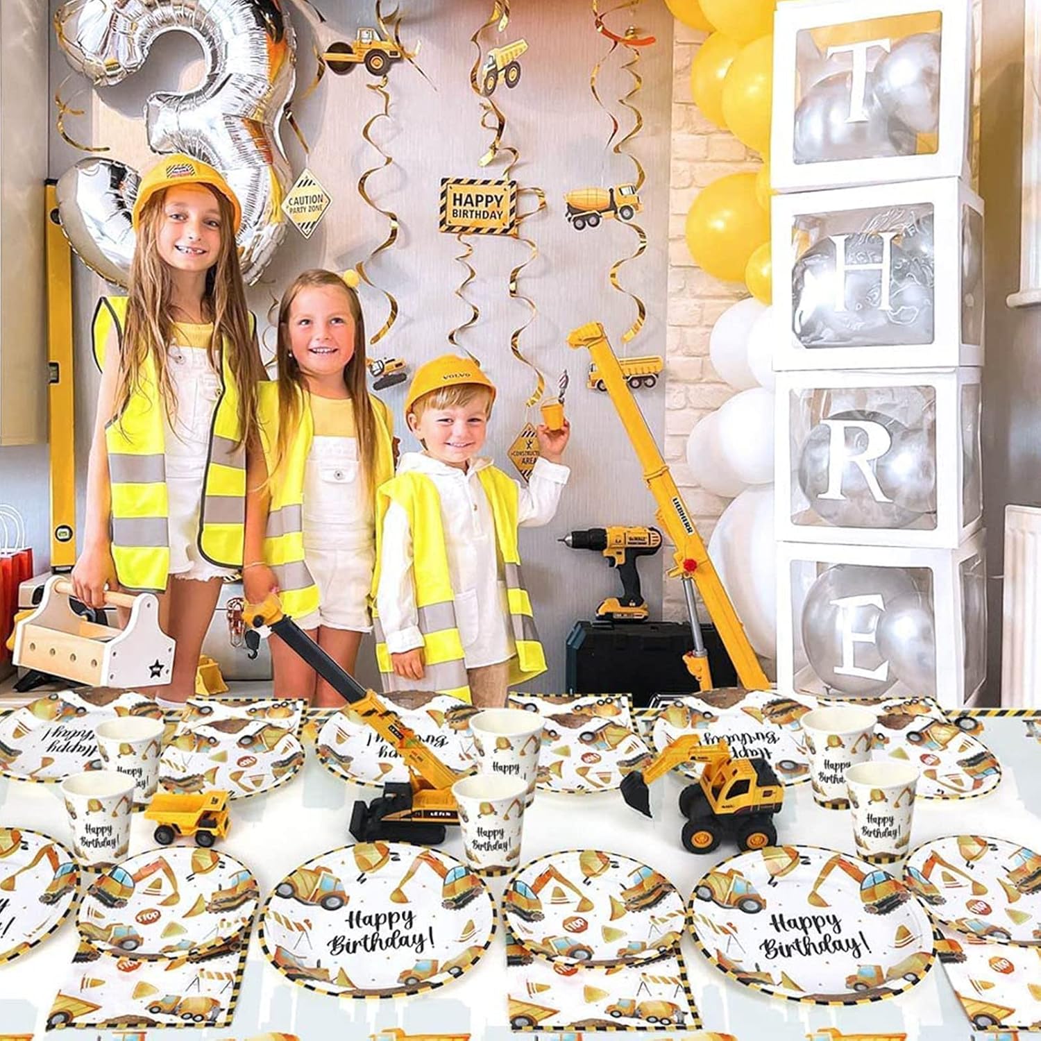 Construction Party Supplies with Birthday Banner 117PCS Excavator Tableware Set Serves 16