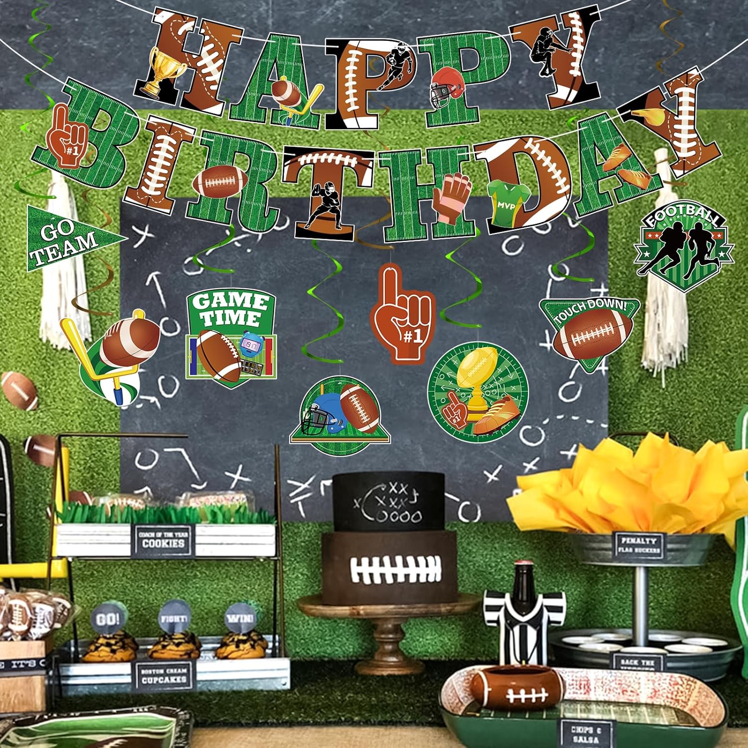 Hooqict Football Birthday Banner with 15 Hanging Swirls