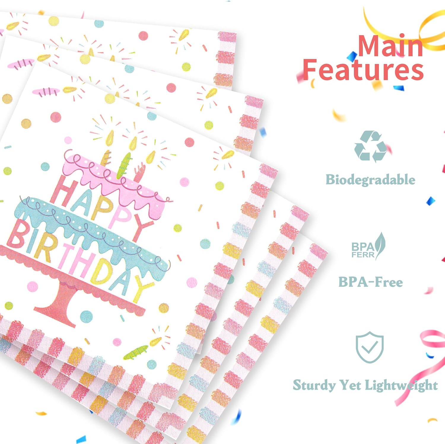 50 Pieces Birthday Napkins Cake Themed 13x13 Inches