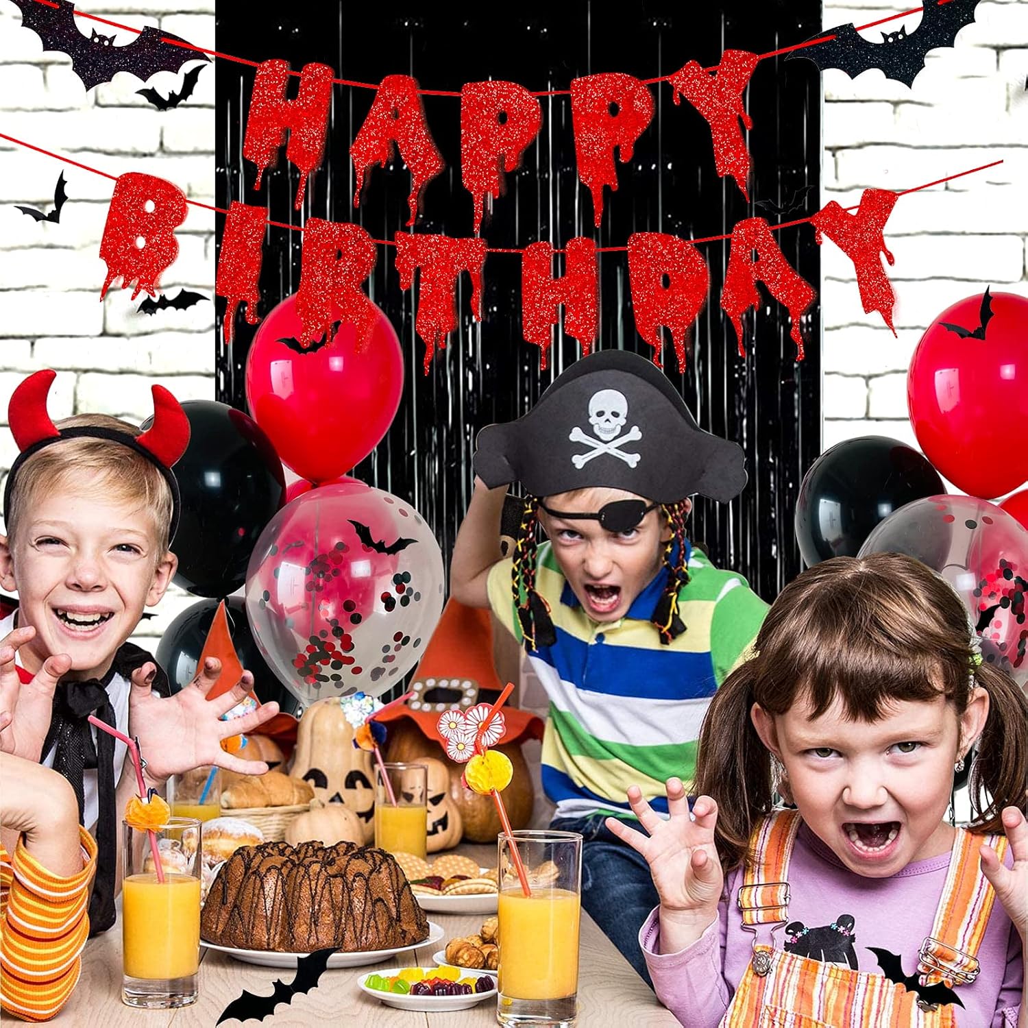 Red Glittery Halloween Birthday Party Decor Banner Set