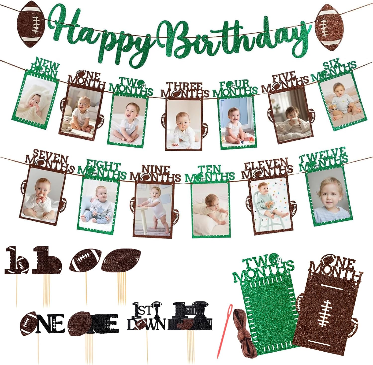 Glitter Football Birthday Photo Banner Set with 24pcs Cake Toppers