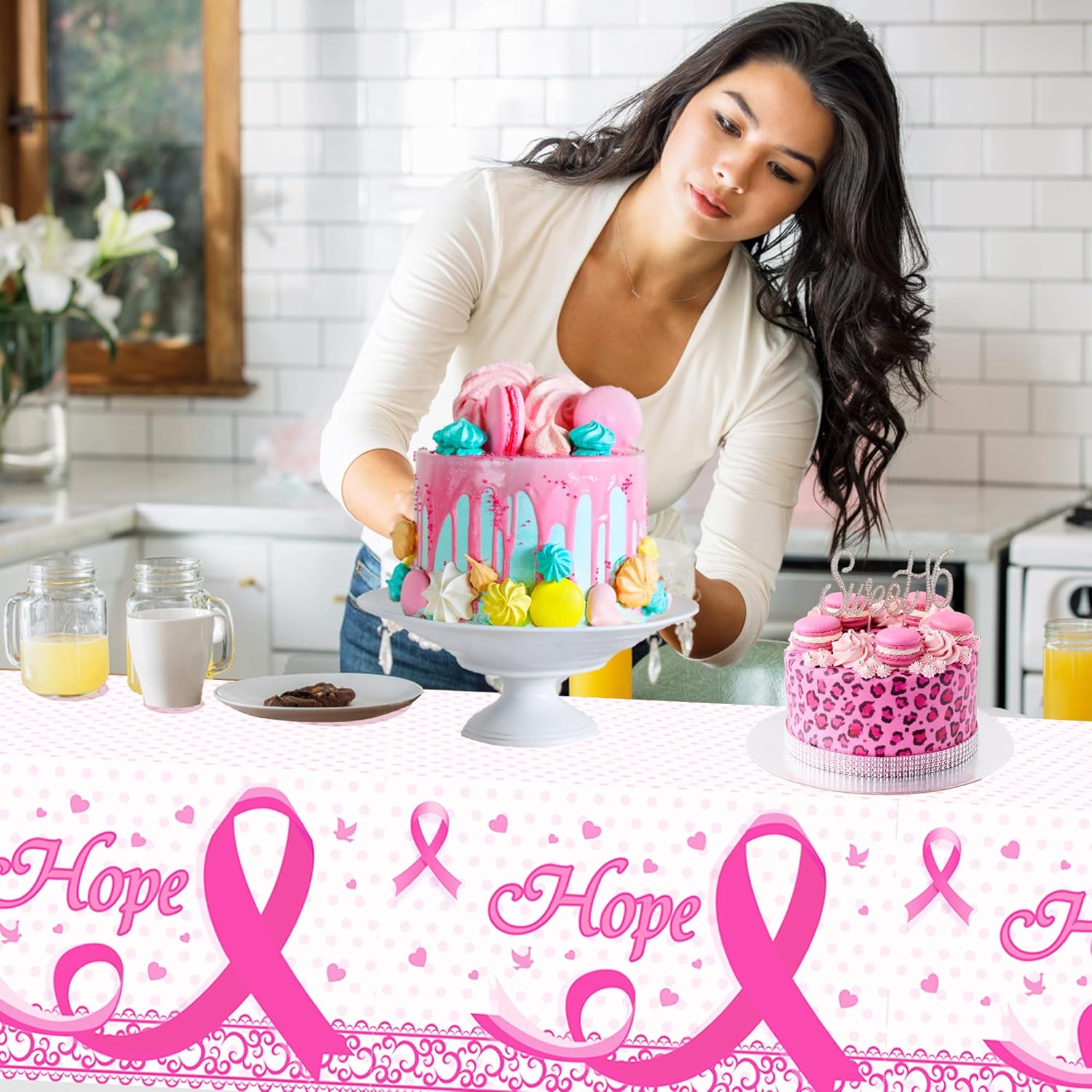 3PCS Breast Cancer Tablecloth Rectangular Plastic Covers Pink Ribbon Decorations