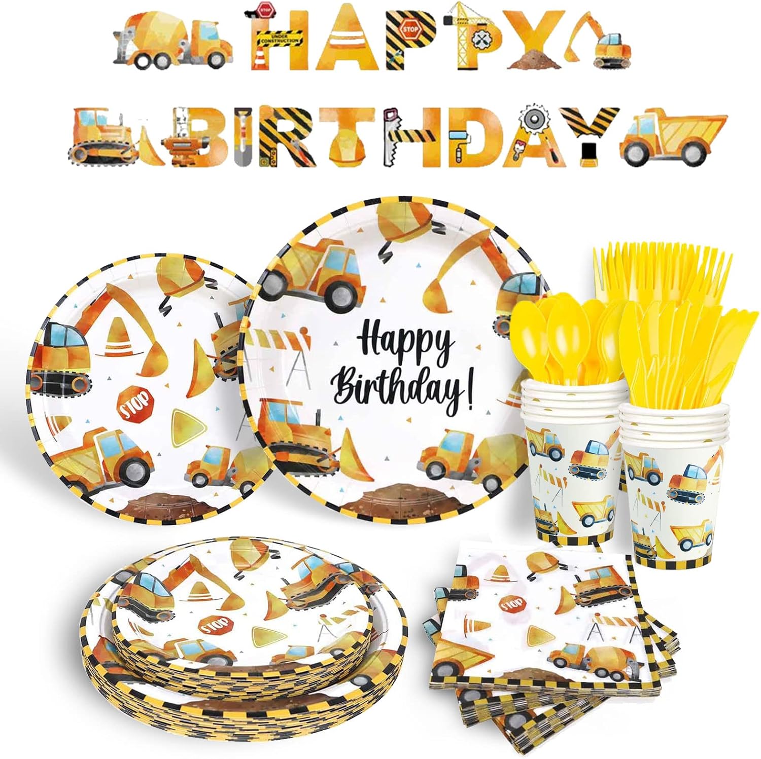 Construction Party Supplies with Birthday Banner 117PCS Excavator Tableware Set Serves 16