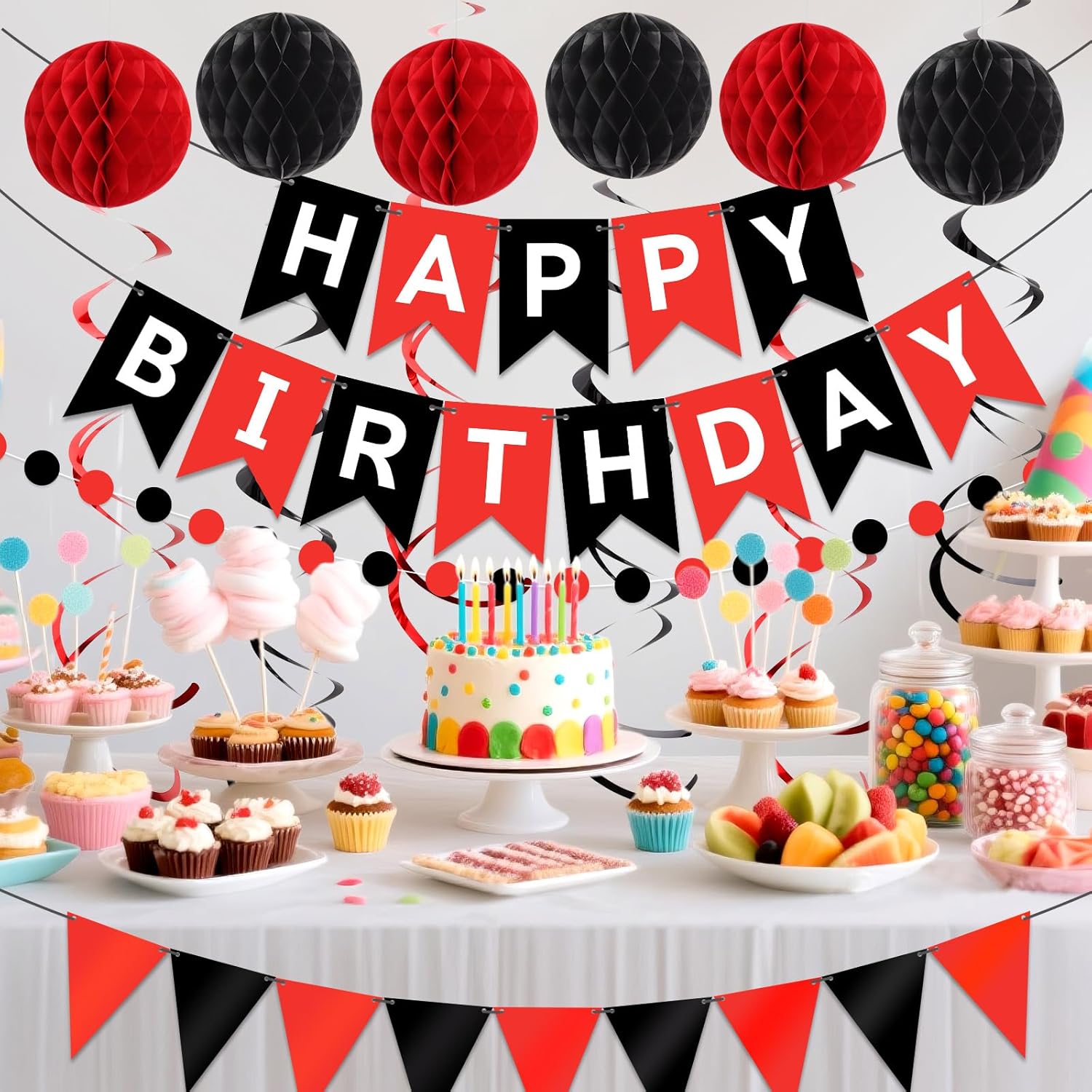 Red Black Happy Birthday Banner Decorations