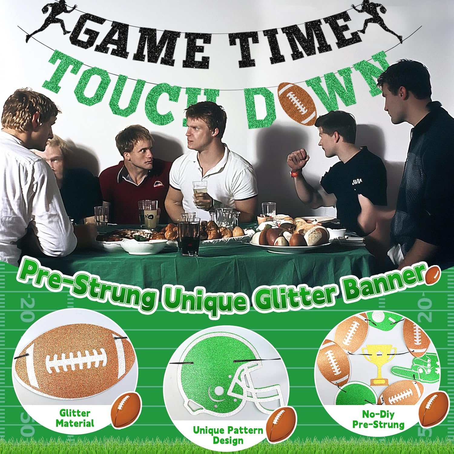 4Pcs Glitter Green Football Party Banners with Hanging Straps
