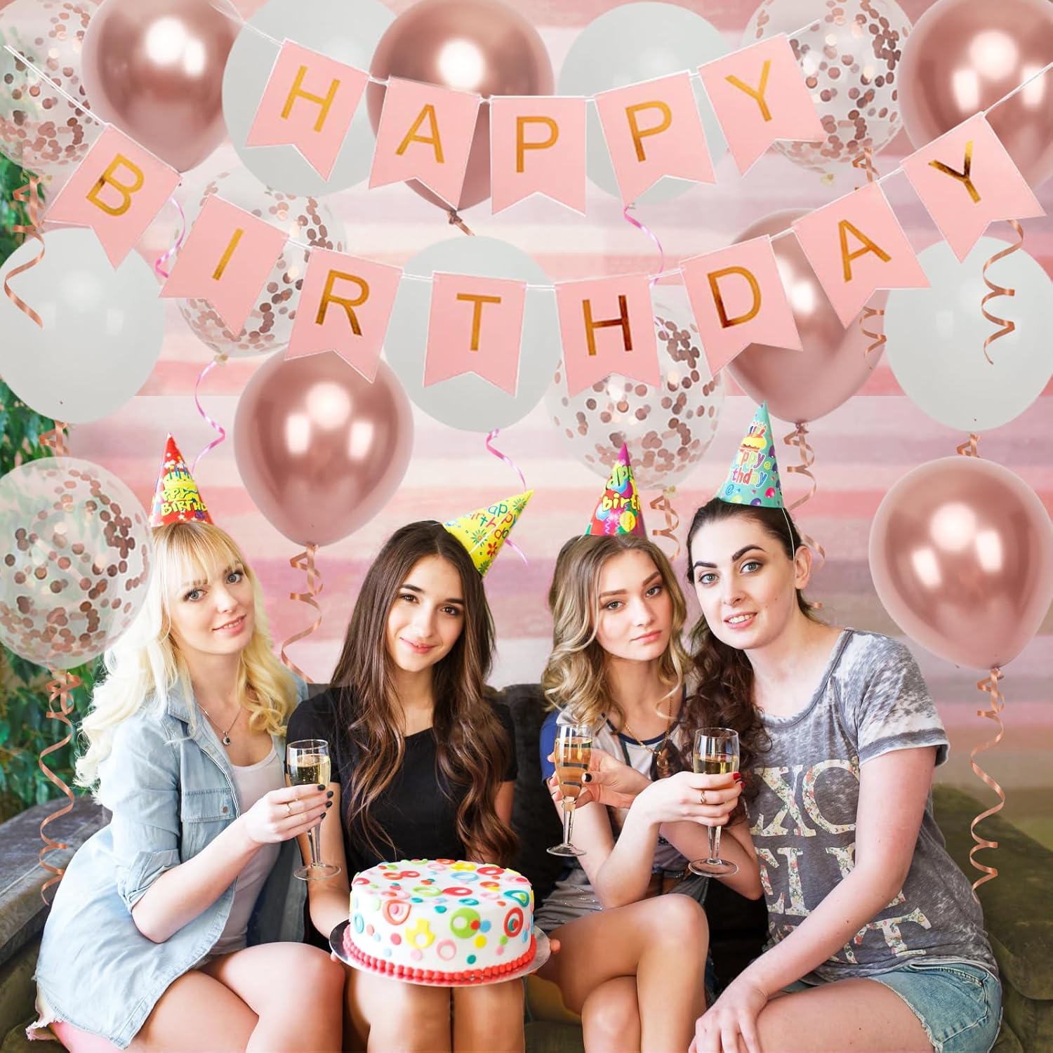 Rose Gold Birthday Banner with 16 Balloons and Ribbons