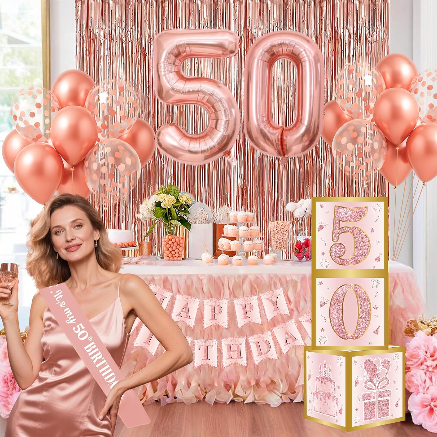Rose Gold 50th Birthday Decorations Set