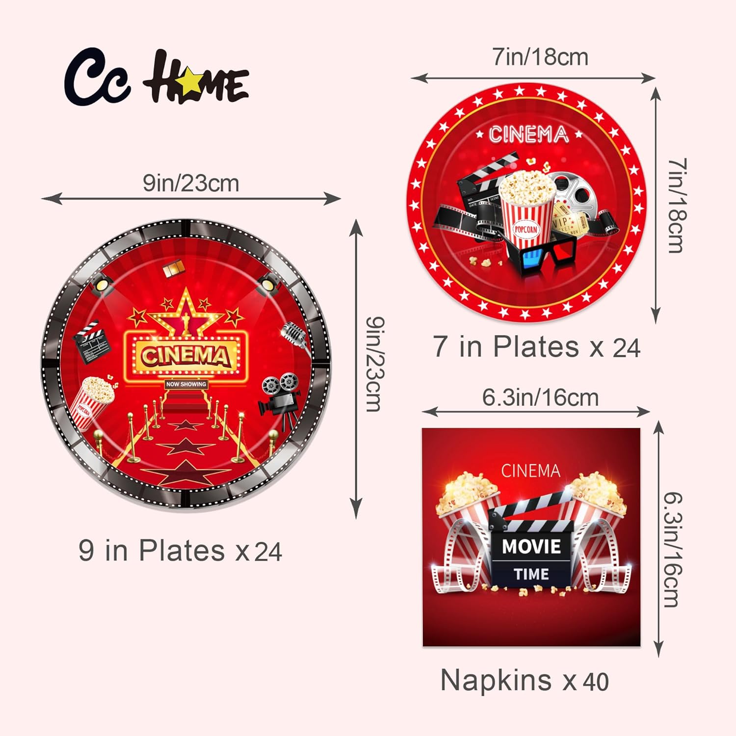 Movie Night Themed 24-Person Paper Plates Napkins Set
