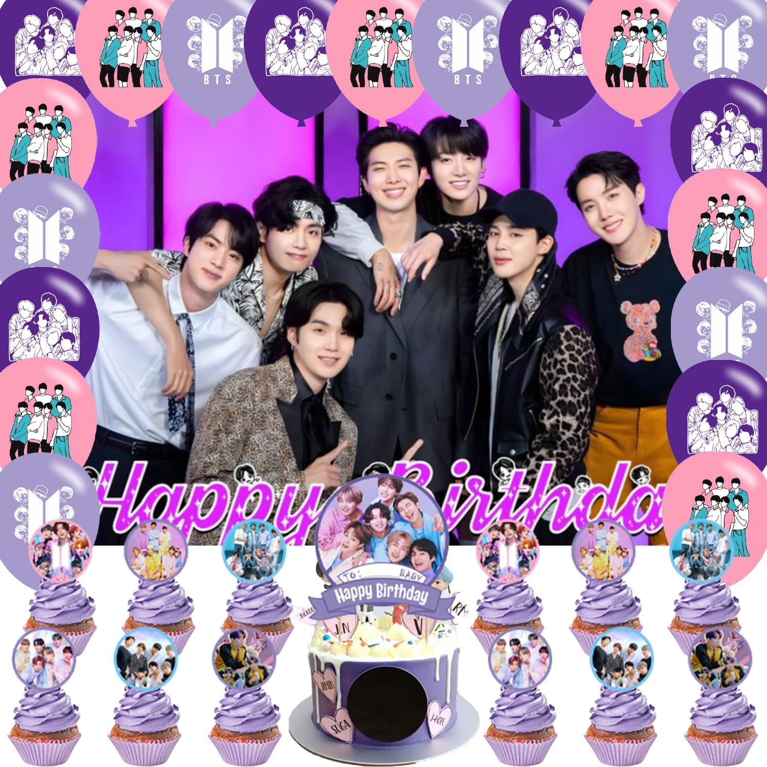 OUDINI Bangtan Boys Birthday Backdrop with Balloons and Party Decor