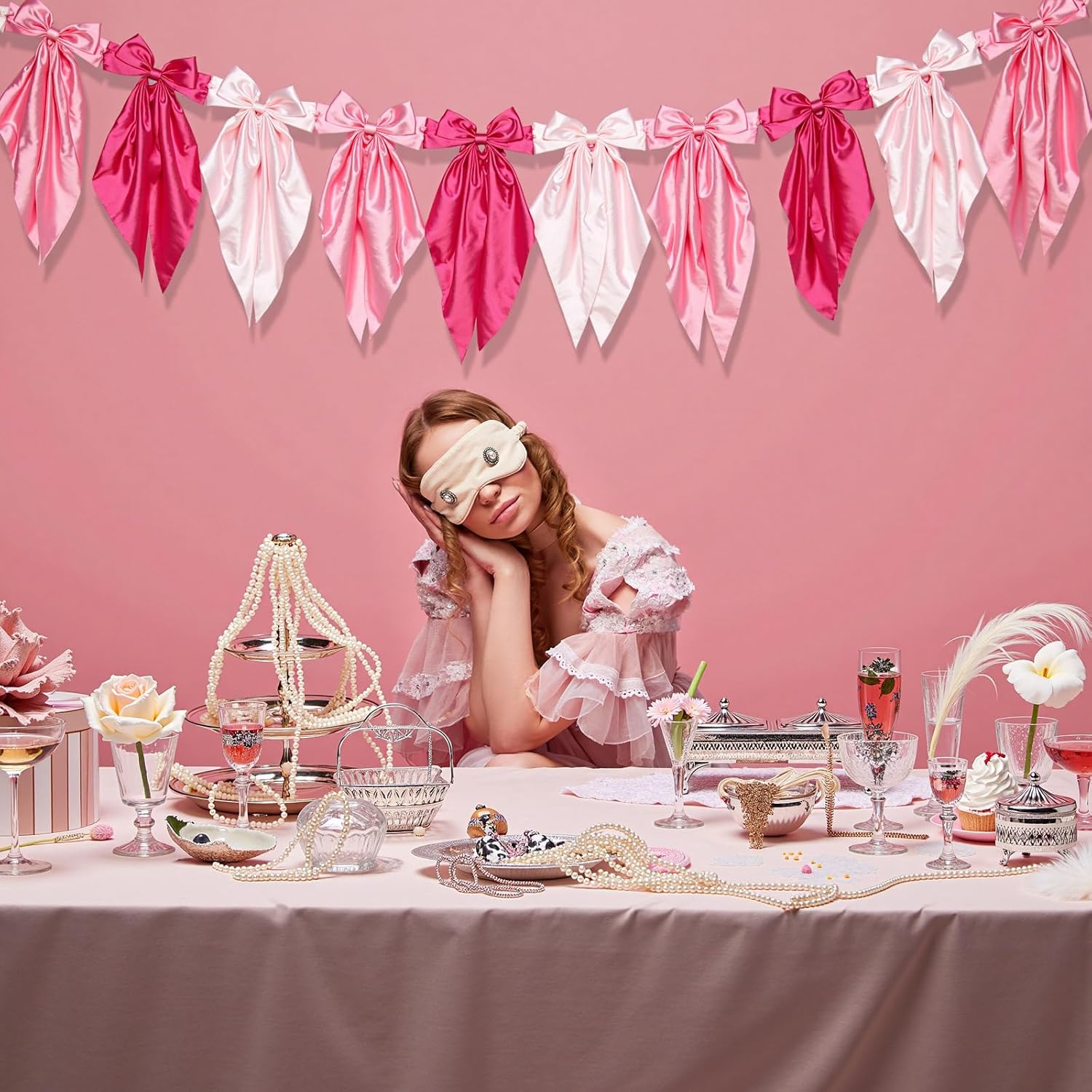 Gradient Pink Bow Garland Banner for Decorations