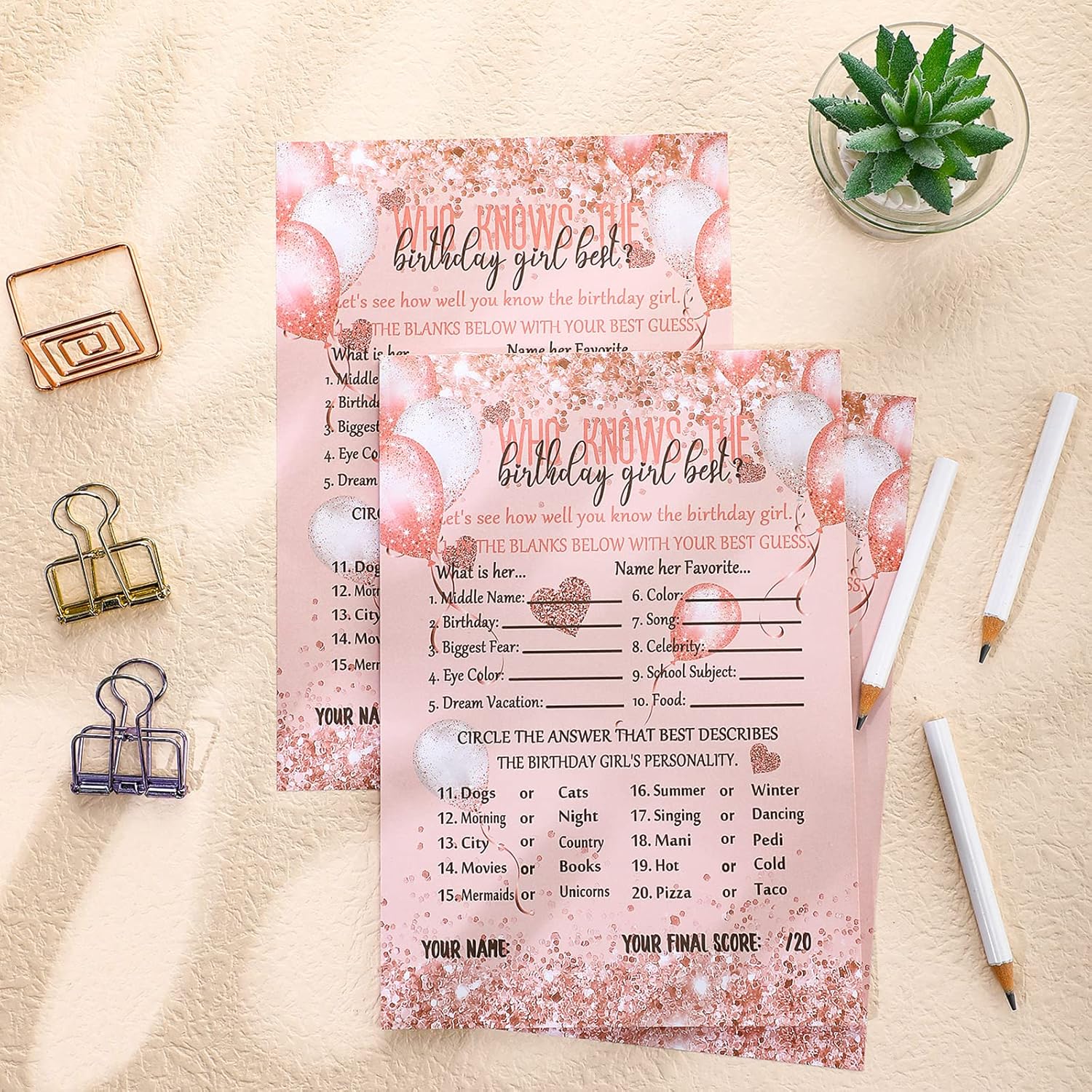 Leinuosen Birthday Girl Best Game Card 50Pcs with Pencils